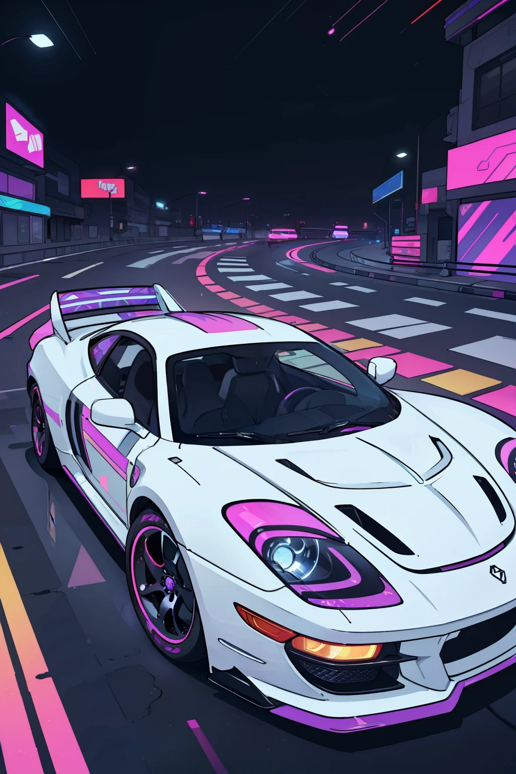 Psychedelic car: A vibrant and surreal automobile, bathed in swirling colors and geometric shapes that dance and morph in the night, neon lights flashing in sync with the pulsing rhythm of synthwave music. The car's sleek body glimmers in the rain-slicked asphalt, reflecting the kaleidoscopic patterns that shimmer in the air. The headlights cut through the darkness, revealing the intricate details of the car's design, from the intricate tire treads to the bold, graffiti-style art adorning the sides. Realistic photo: A crisp and clear image, rendered in stunning 8k resolution,