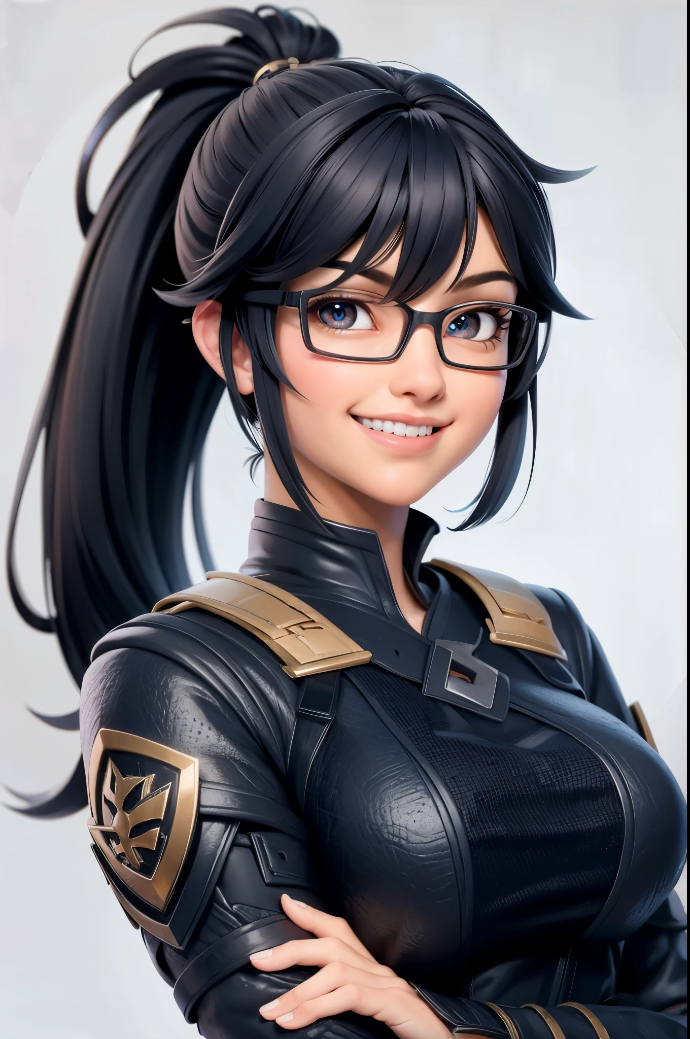 valkyrie, Ponytail, black hair with bangs, wear glasses, smile brightly