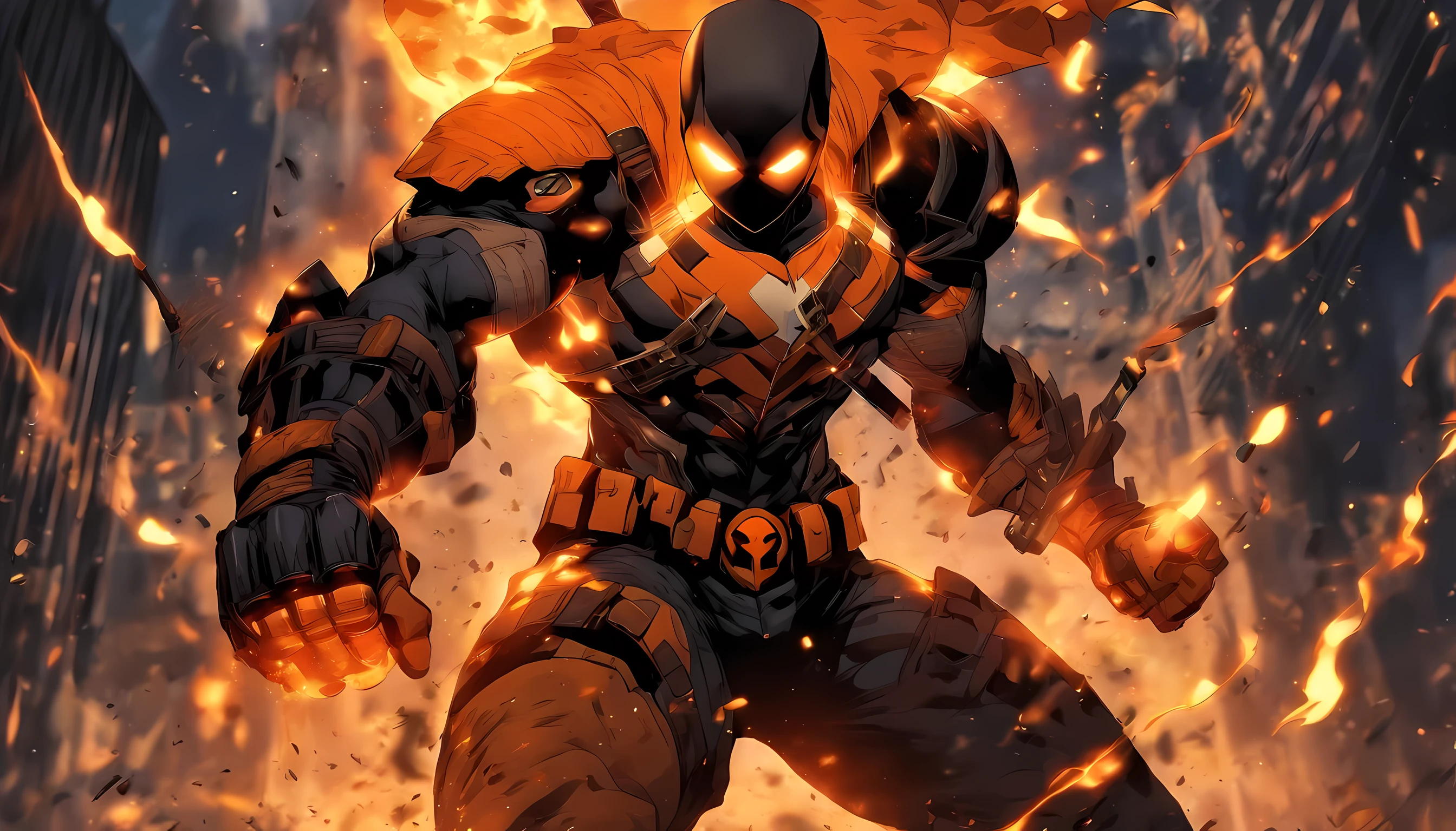deathstroke from dc comic, holding a sword on his right hand, flame coming out from his sword, standing pose, full body illustration, lighting swirling around his body,