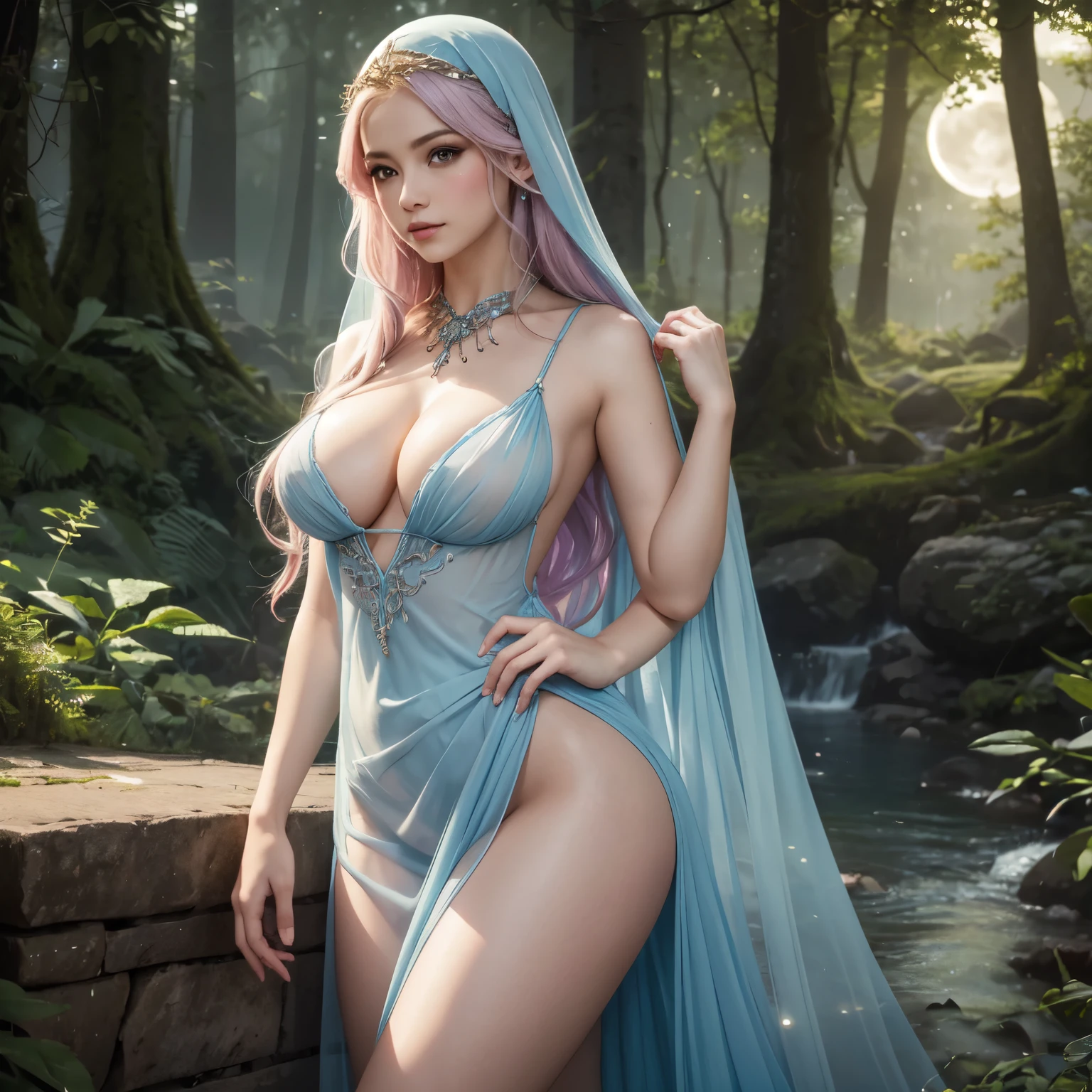(two subjects)(complex details)(a very high quality,4k,8k,highres,masterpiece:1.2), ultra-detailed, realistic, photorealistic:1.37, HDR, UHD, studio lighting, extreme detail description, professional, vivid colors, bokeh, portraits, landscape, fantasy, sexy, Malaysian, damsel, hijab, sheer, open, translucent dress, big breasts, cute face, unshaved pubic area, pets, kisses, fantasy unicorn, elven glade, moonlight