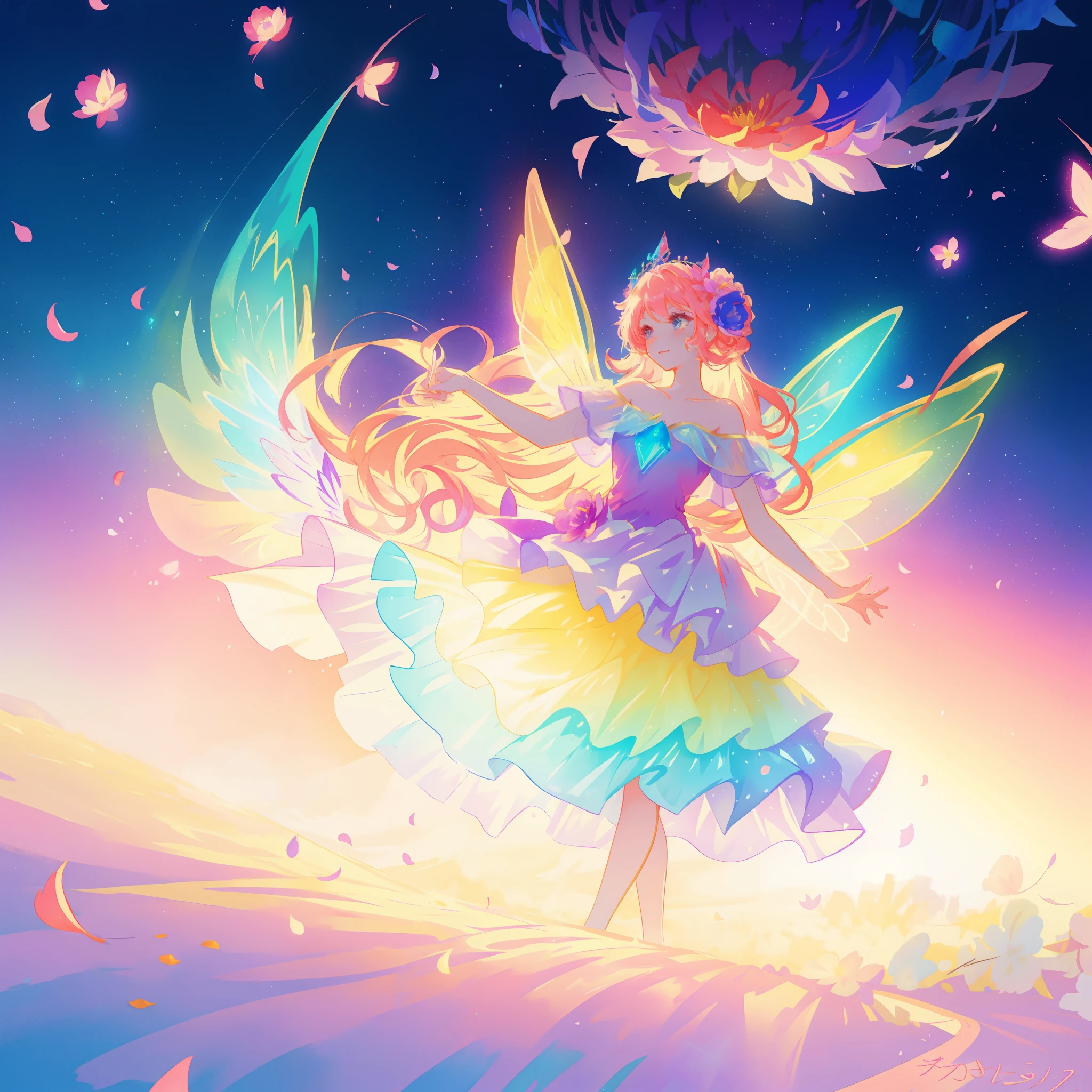 beautiful girl in tiered gradient ballgown dress, gradient colorful dress, ((layered flower petal skirt)), fairy dress, fairy queen, magical fantasia background, (glowing fairy wings), glowing flowing ballgown, long wavy hair, sparkling fairy wings, watercolor illustration, inspired by Glen Keane, inspired by Lois van Baarle, disney art style, jen bartel, beautiful digital illustration, beautiful, masterpiece, best quality, anime disney style
