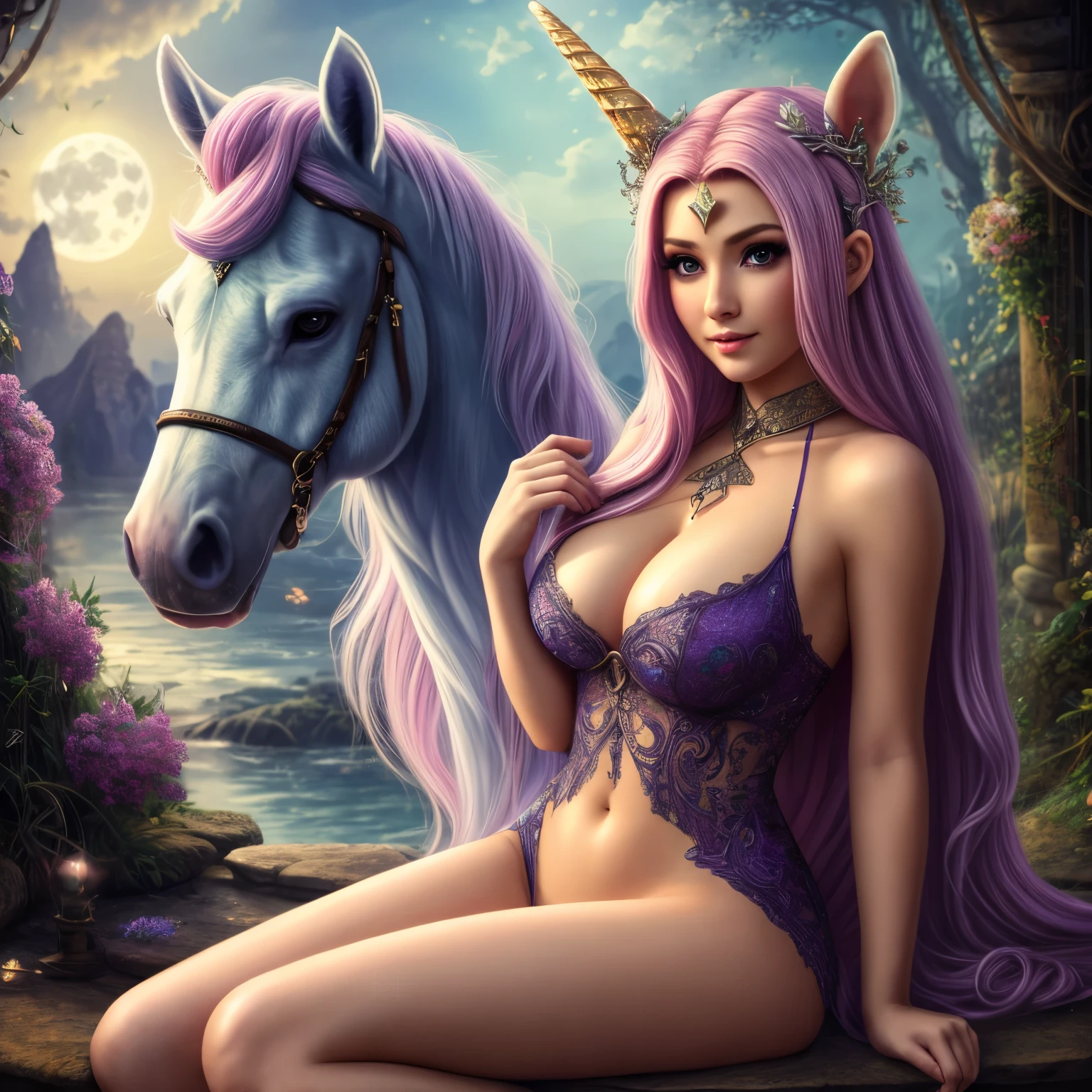 (two subjects)(complex details)(a very high quality,4k,8k,highres,masterpiece:1.2), ultra-detailed, realistic, photorealistic:1.37, HDR, UHD, studio lighting, extreme detail description, professional, vivid colors, bokeh, portraits, landscape, fantasy, sexy, Malaysian, damsel, hijab, sheer, open, translucent dress, big breasts, cute face, unshaved pubic area, pets, kisses, fantasy unicorn, elven glade, moonlight