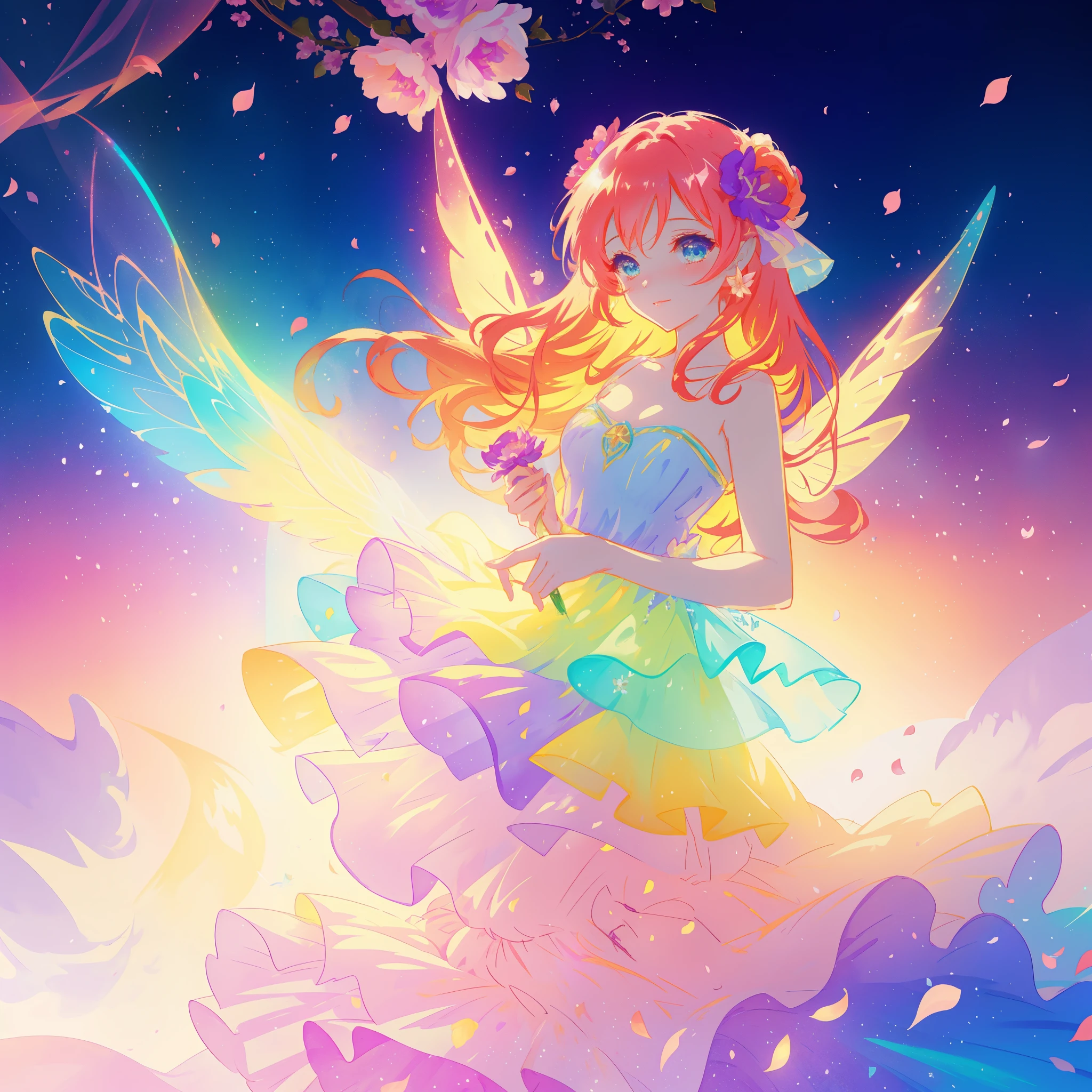 beautiful girl in tiered gradient ballgown dress, gradient colorful dress, ((layered flower petal skirt)), fairy dress, fairy queen, magical fantasia background, (glowing fairy wings), glowing flowing ballgown, long wavy hair, sparkling fairy wings, watercolor illustration, inspired by Glen Keane, inspired by Lois van Baarle, disney art style, jen bartel, beautiful digital illustration, beautiful, masterpiece, best quality, anime disney style