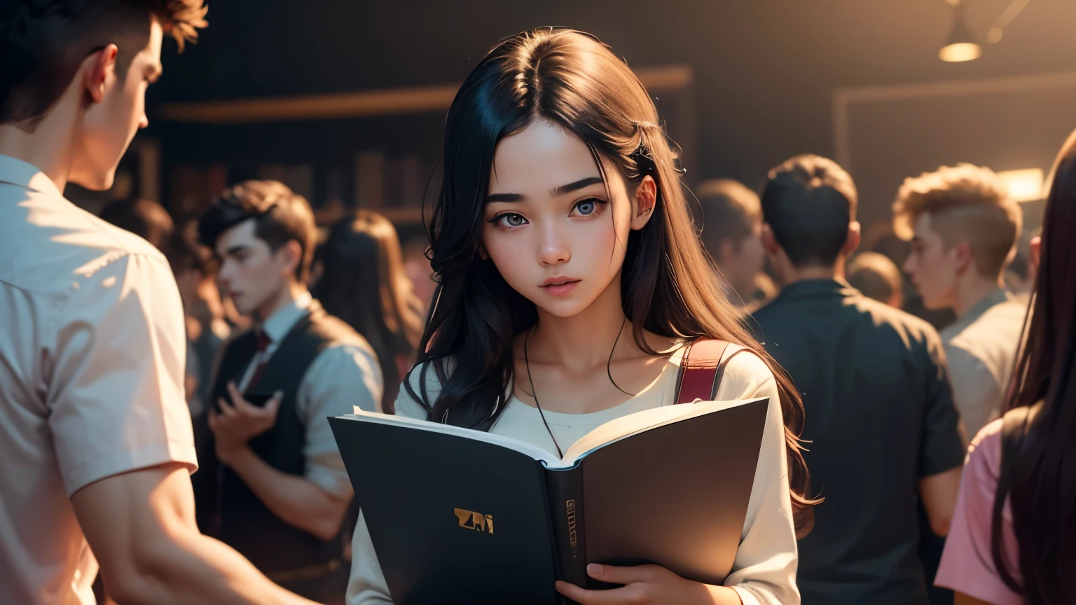 A young 22 year old college student is deeply focused on studying books while on the background many young people are partying and dancing in Chaos, 4k, highly detailed, ultra realistic.
