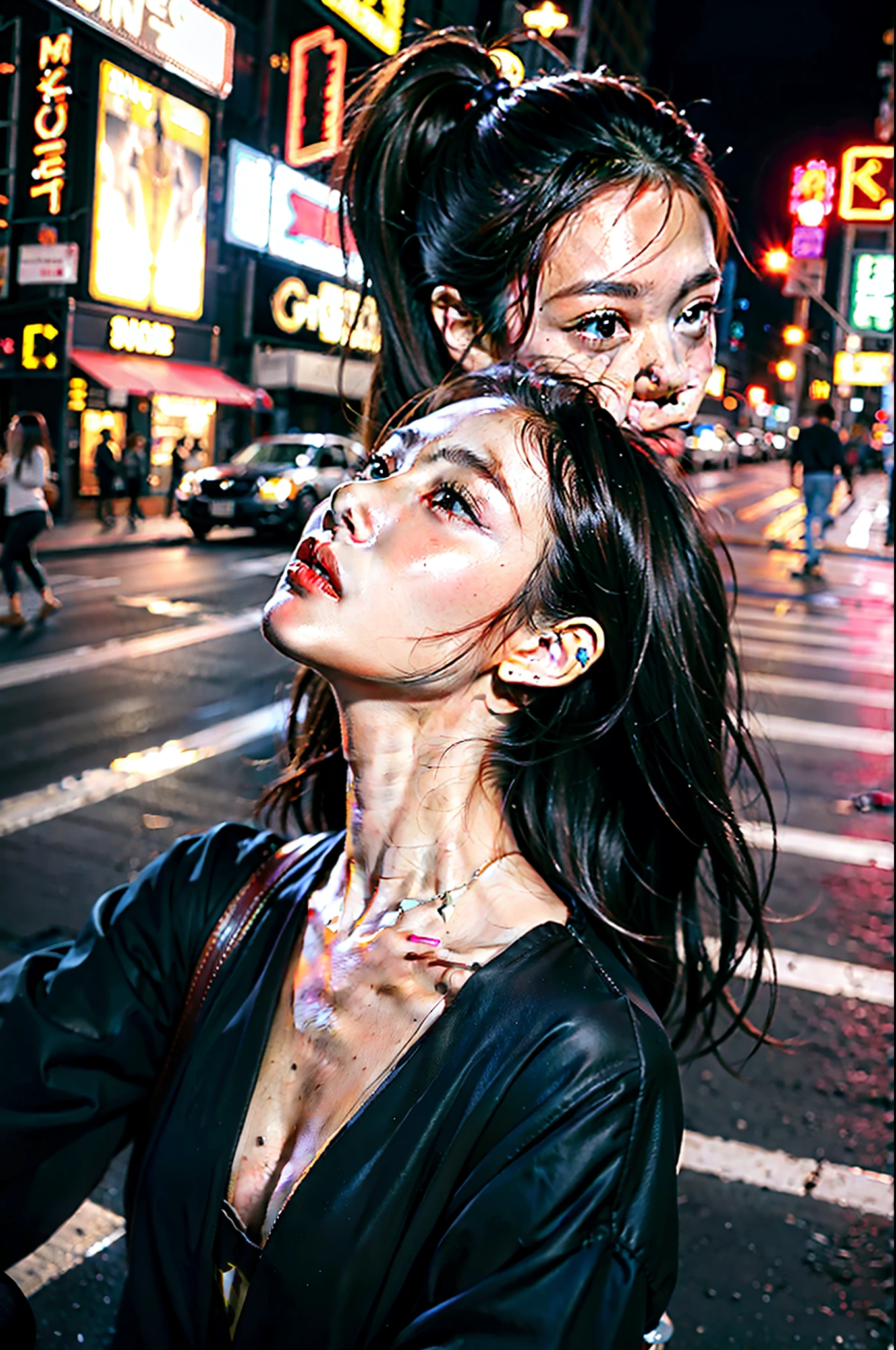 masterpiece, best quality, Miranda, (half body shot,street lamp,moon),masterpiece, 1 girl, Solo exhibition, Beautiful woman on the busy street, surrounded by hawkers, Beautiful goddess girl portrait, Beautiful and detailed face, porcelain skin, (((Half-length photo, center, night, black hair, short hair)), super soft lighting, symmetry, complex, grace, high detail, realism, Art, concept Art,