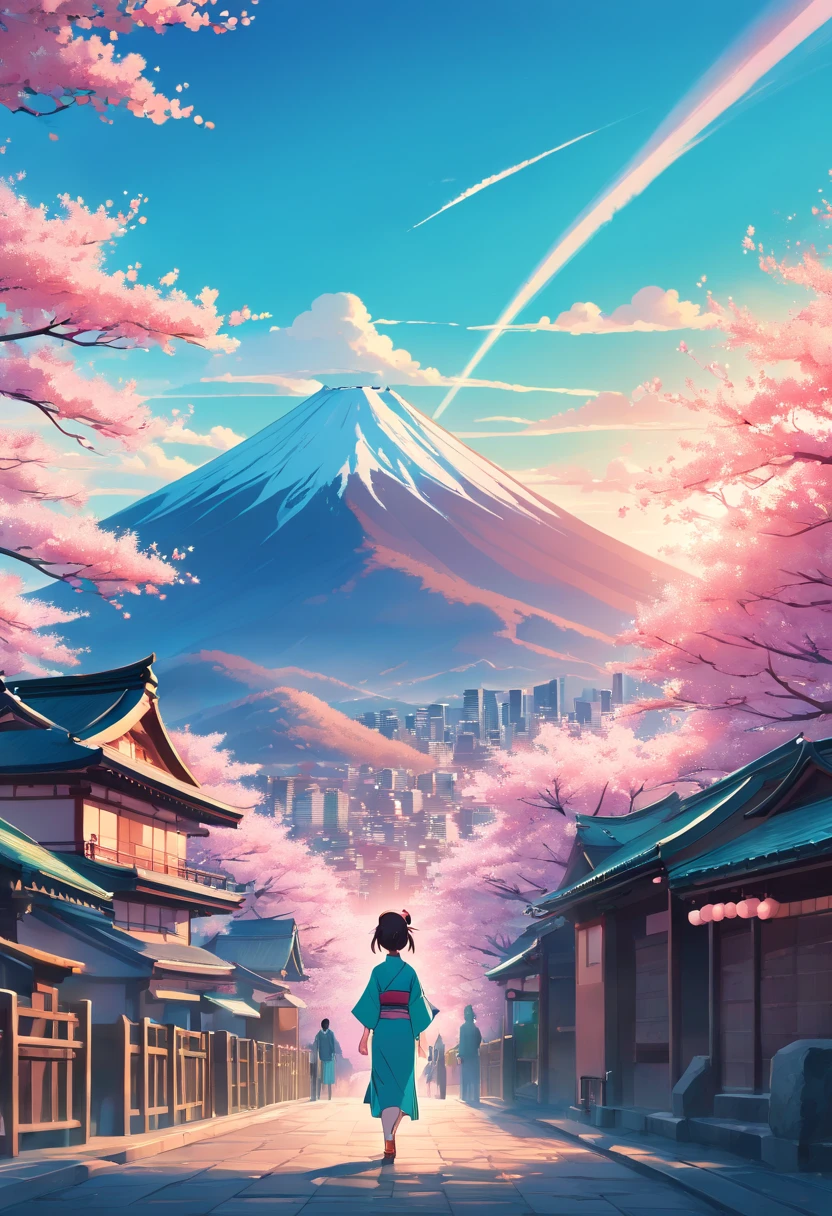 Poster with Japan buildings and mountains in the background, In the style of light teal and dark pink, Traditional animation, trip, Layered Images, Traditional, vintage images, cherry blossoms,samurai,samurai,knife,festival,maturi,Taiko