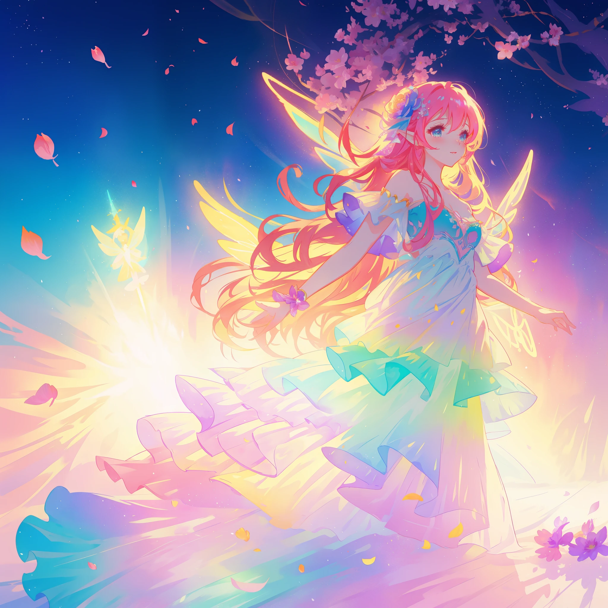 beautiful girl in tiered gradient ballgown dress, gradient colorful dress, ((layered flower petal skirt)), fairy dress, fairy queen, magical fantasia background, (glowing fairy wings), glowing flowing ballgown, long wavy hair, sparkling fairy wings, watercolor illustration, inspired by Glen Keane, inspired by Lois van Baarle, disney art style, jen bartel, beautiful digital illustration, beautiful, masterpiece, best quality, anime disney style