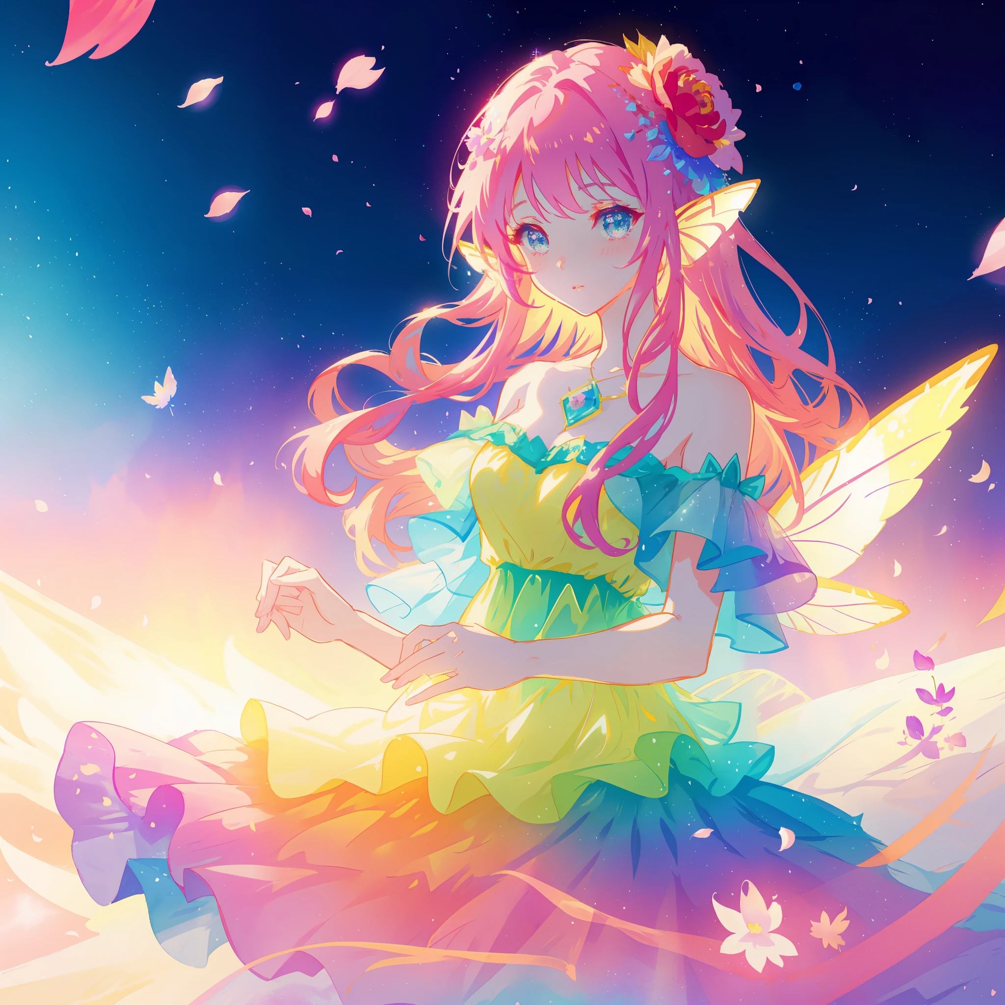 beautiful girl in tiered gradient ballgown dress, gradient colorful dress, ((layered flower petal skirt)), fairy dress, fairy queen, magical fantasia background, (glowing fairy wings), glowing flowing ballgown, long wavy hair, sparkling fairy wings, watercolor illustration, inspired by Glen Keane, inspired by Lois van Baarle, disney art style, jen bartel, beautiful digital illustration, beautiful, masterpiece, best quality, anime disney style
