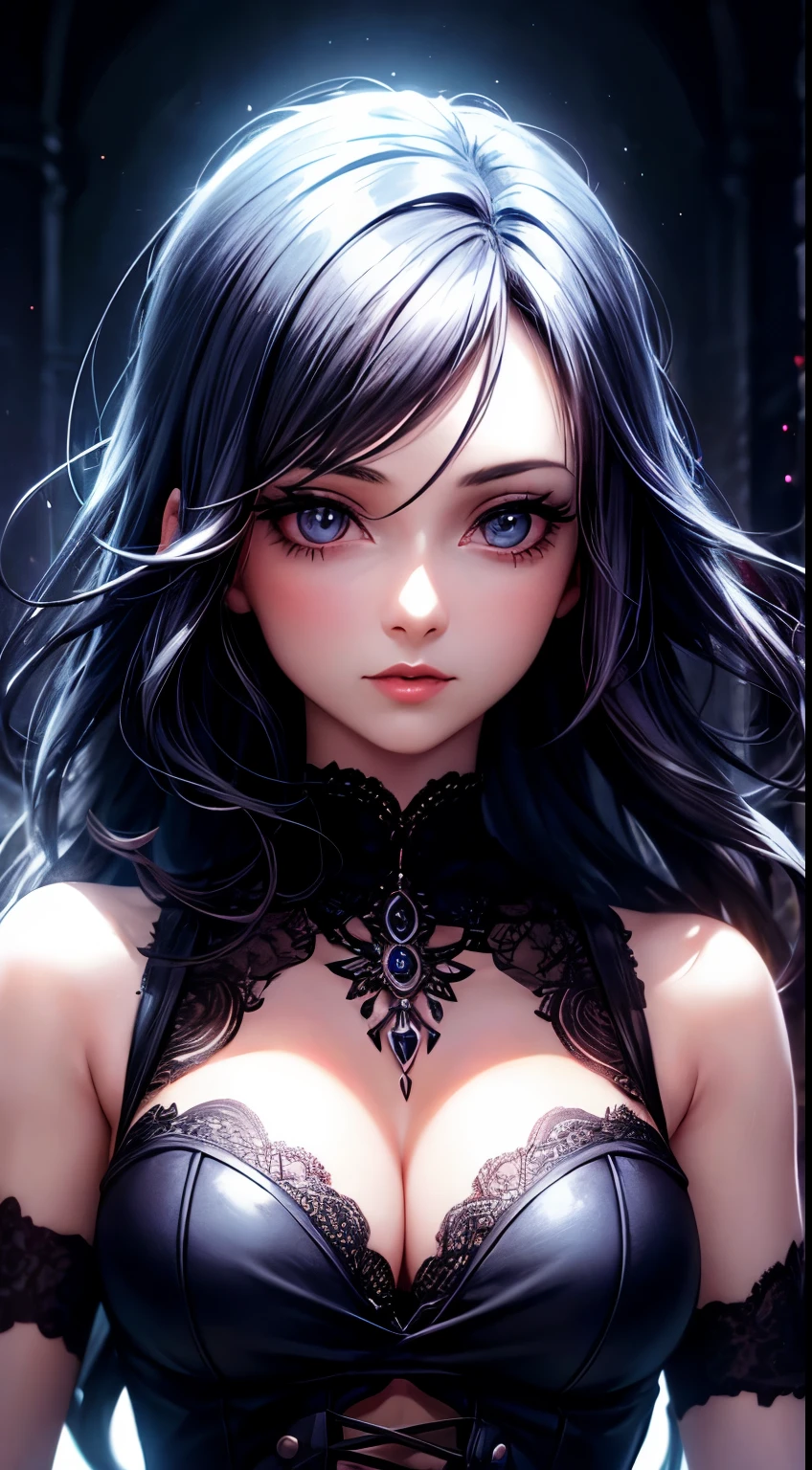 beautiful woman, 30s, gothic, 2d background with light effects