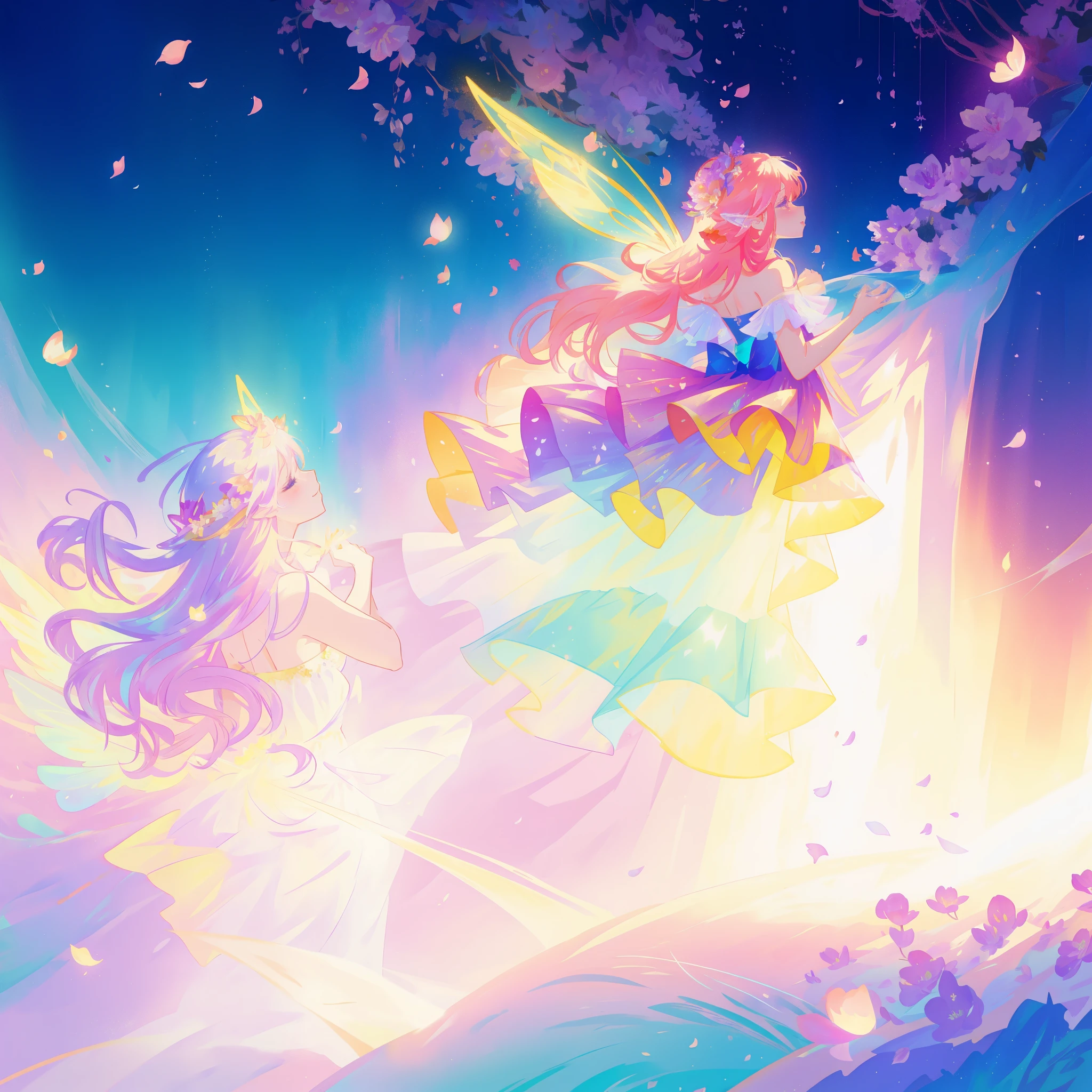 beautiful girl in tiered gradient ballgown dress, gradient colorful dress, ((layered flower petal skirt)), fairy dress, fairy queen, magical fantasia background, (glowing fairy wings), glowing flowing ballgown, long wavy hair, sparkling fairy wings, watercolor illustration, inspired by Glen Keane, inspired by Lois van Baarle, disney art style, jen bartel, beautiful digital illustration, beautiful, masterpiece, best quality, anime disney style