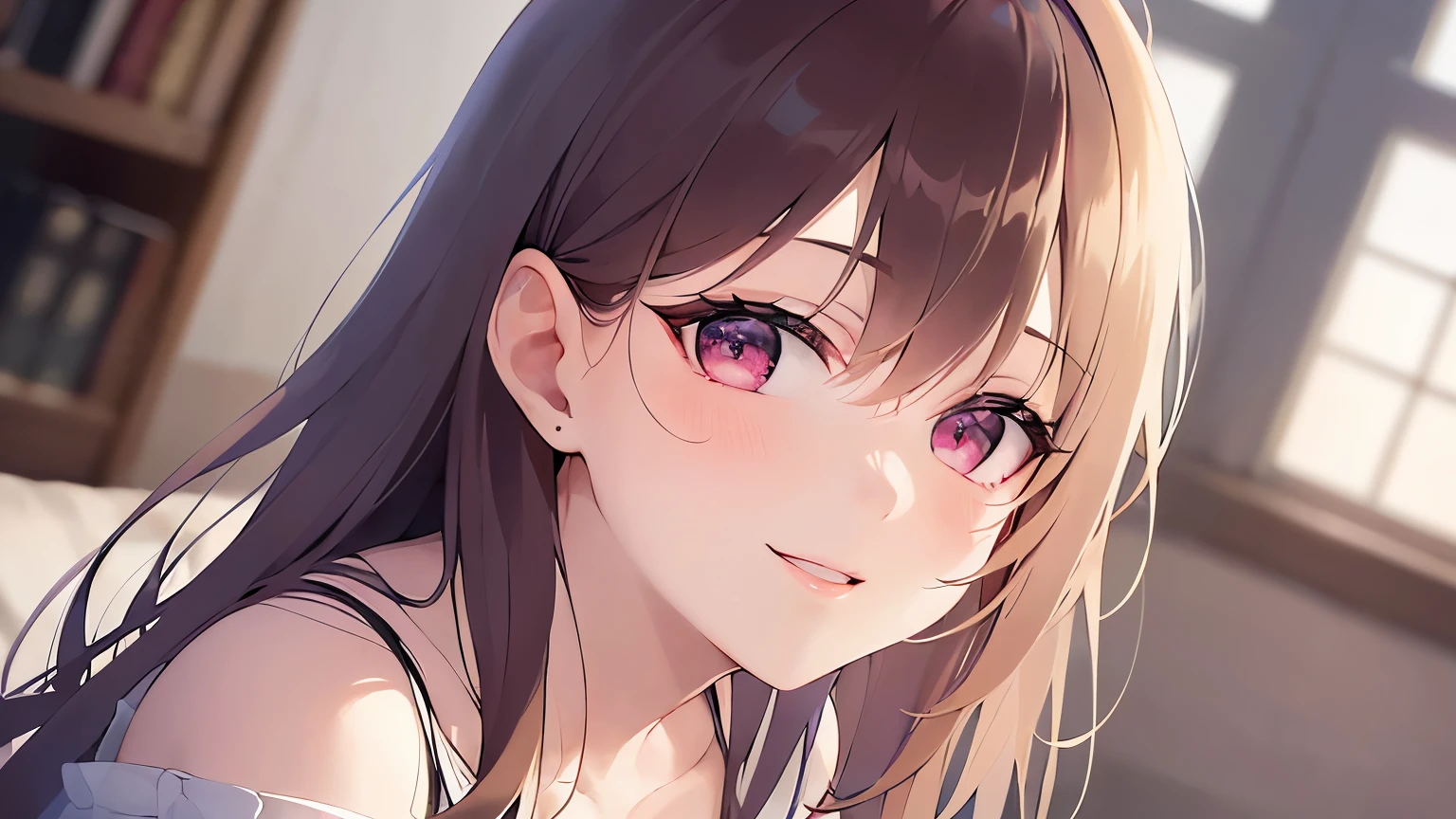  cinematic angle, looking up, real person, RAW photo, photorealistic, portrait photography, shiny skin, japanese idol、A 25-year-old woman with bright chestnut bangs.、(long wavy hair) and (pink eyes), (wearing a white off-shoulder blouse:1.2), (smile:1.2), blush, The background is the living room、Alone