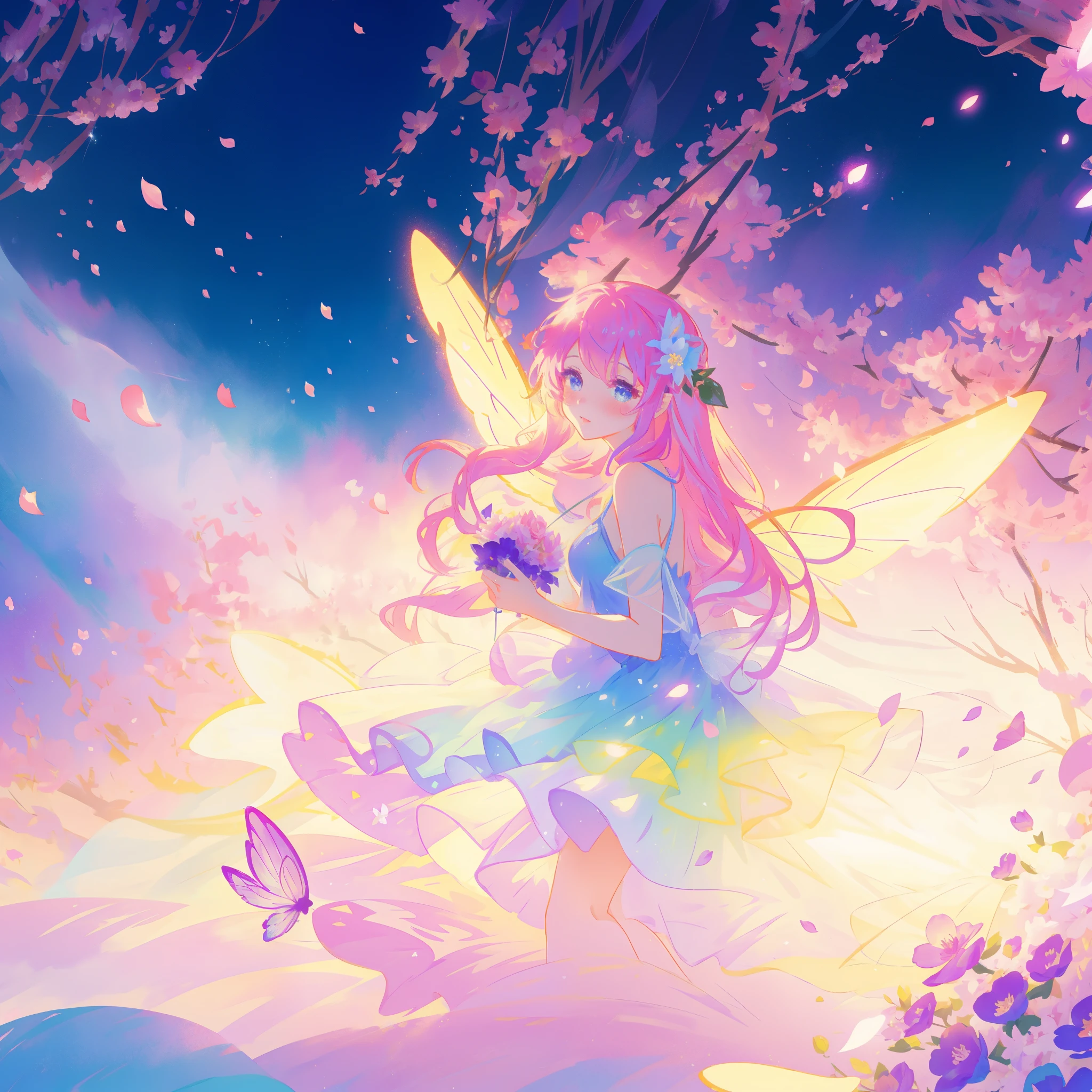 beautiful girl in tiered gradient ballgown dress, gradient colorful dress, ((layered flower petal skirt)), fairy dress, fairy queen, magical fantasia background, (glowing fairy wings), glowing flowing ballgown, long wavy hair, sparkling fairy wings, watercolor illustration, inspired by Glen Keane, inspired by Lois van Baarle, disney art style, jen bartel, beautiful digital illustration, beautiful, masterpiece, best quality, anime disney style