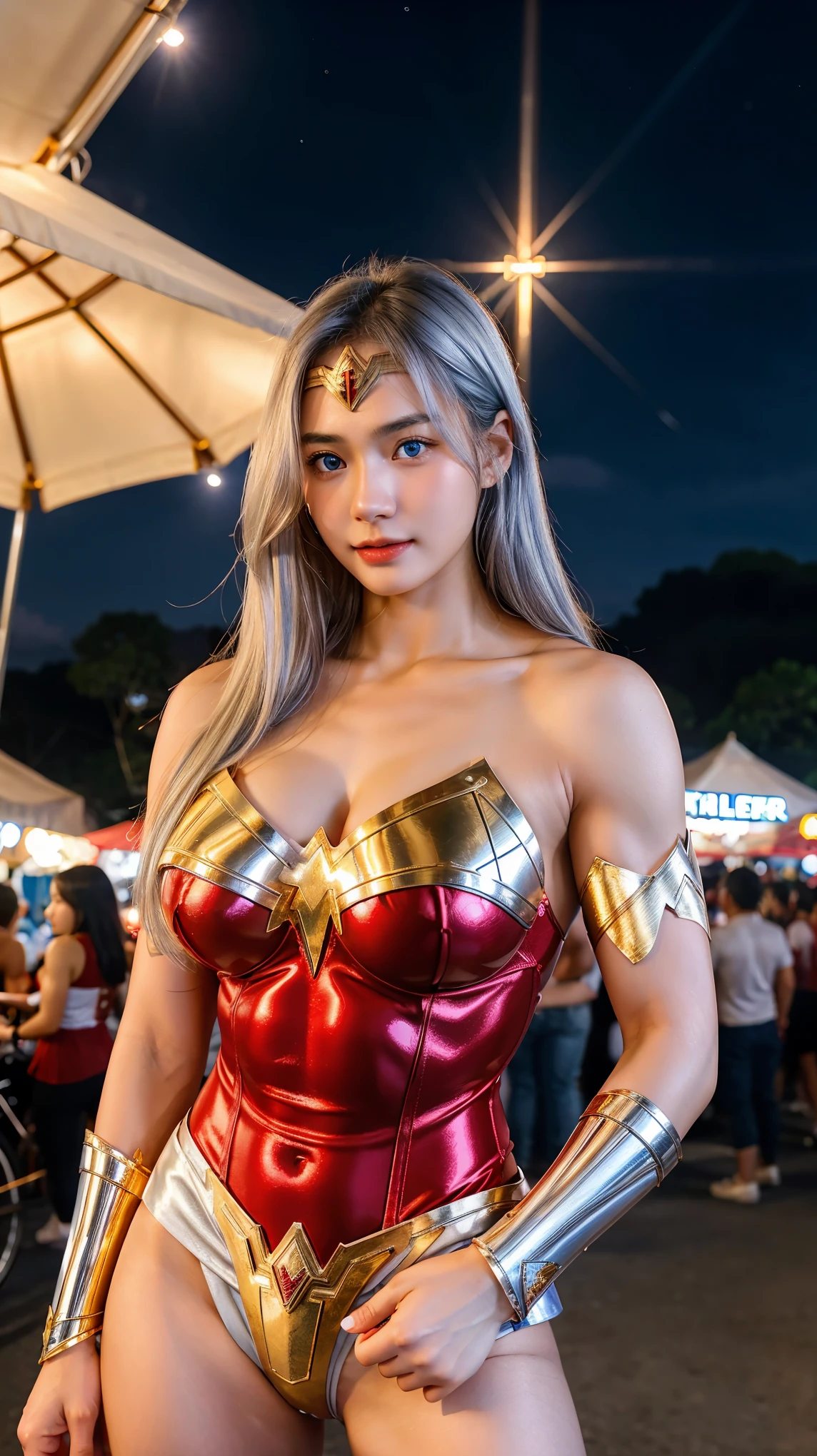 1 Girl, Beautiful, Indonesian Baby Face, 20 Years Old, White Skin, Posing, ((muscles:1.3)), Colossal Breast, Shiny Red-Gold Realistic Wonder Woman Mecha Outfit, Blue Eyes, Night Market Outdoor, Silver Hair, HDR, 8k, Marterpiece, Extremely Realistic Detailed, Extreme Lighting, Extremely Best of Photography