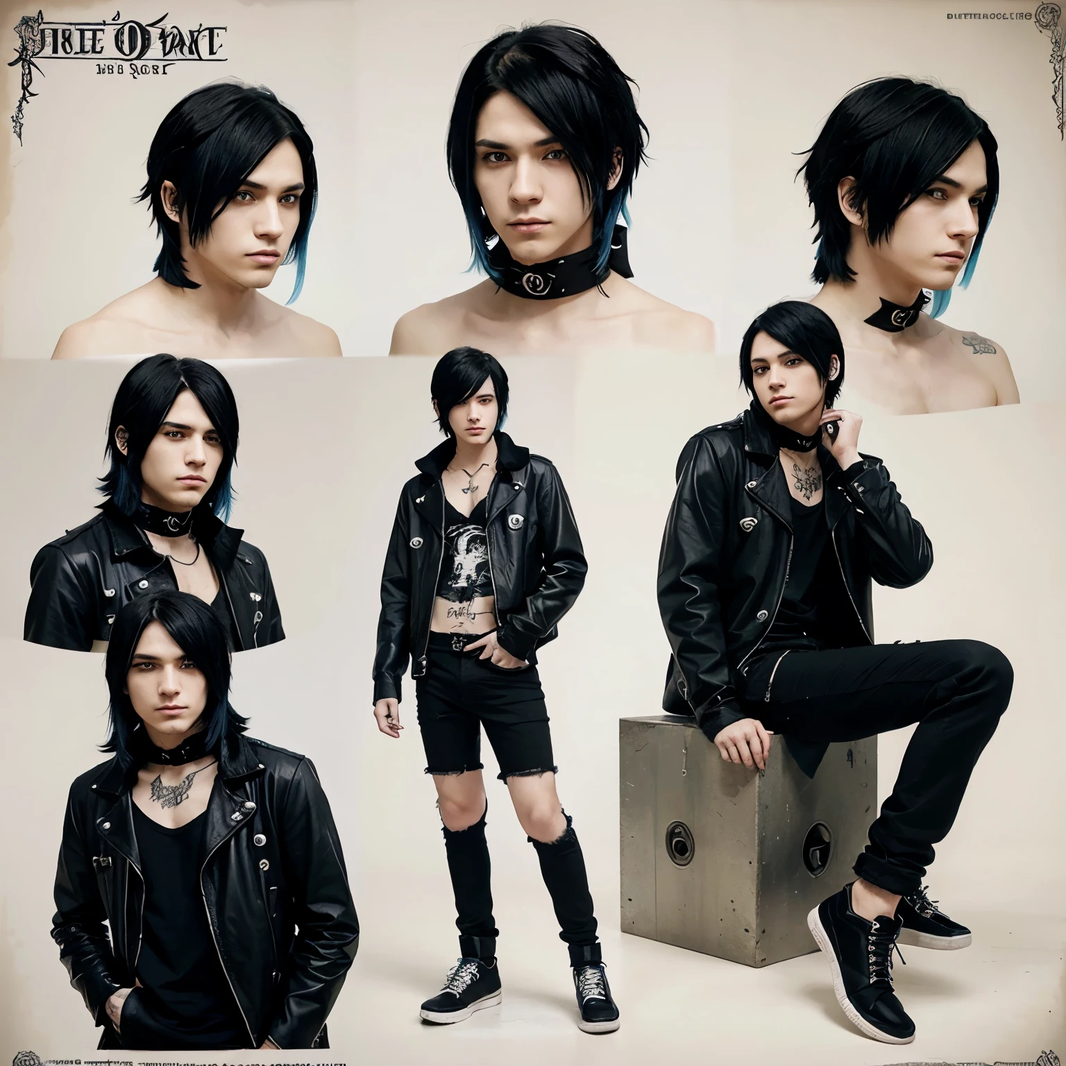 Anime art style, character design sheet, emo charcter who is a guy. He has long black hair emo cut with blue eyes. He wears hot topic clothes 