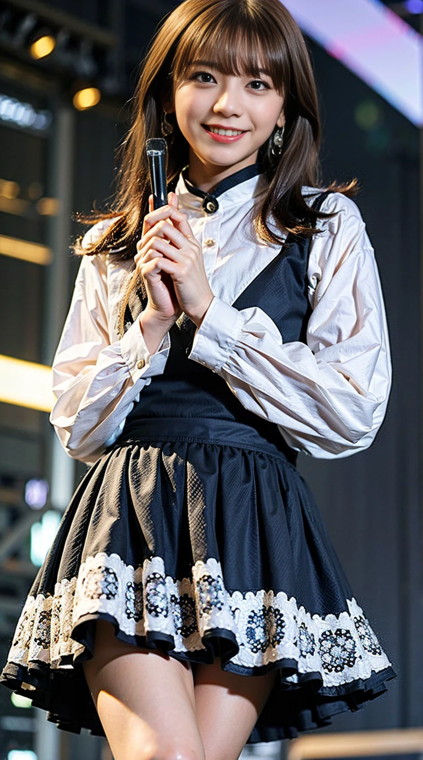 masterpiece, great work, whole body, 1 girl,  mini skirt, blush, bracelet, beautiful breasts, , gradient hair, long hair, looking at the audience, loose earrings, checked skirt, red eyes, ring, smile, alone,  fashion, woman, vitality,  take a pose, front, colorful,concentrated、whole body画像(1:5）、thin legs、Are standing、put your hands on your hips、idol costume、boots、whole body画像、Chest emphasis、pink costume、stand with legs apart