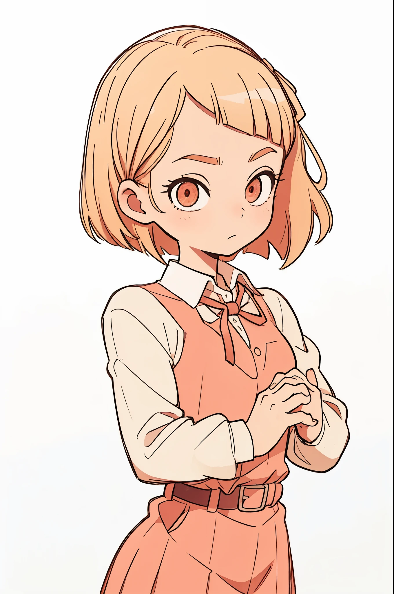 chisatonishikigi, nishikigi chisato, short hair, bangs, blonde hair, (red eyes:1.5), hair ribbon, one side up, bob cut, BREAK shirt, long sleeves, dress, ribbon, white shirt, collared shirt, belt, neck ribbon, red dress, blue ribbon, pleated dress, grey dress, two-tone dress, red belt, lycoris uniform,, BREAK outdoors, city, BREAK looking at viewer, BREAK (masterpiece:1.2), best quality, high resolution, unity 8k wallpaper, (illustration:0.8), (beautiful detailed eyes:1.6), extremely detailed face, perfect lighting, extremely detailed CG, (perfect hands, perfect anatomy),