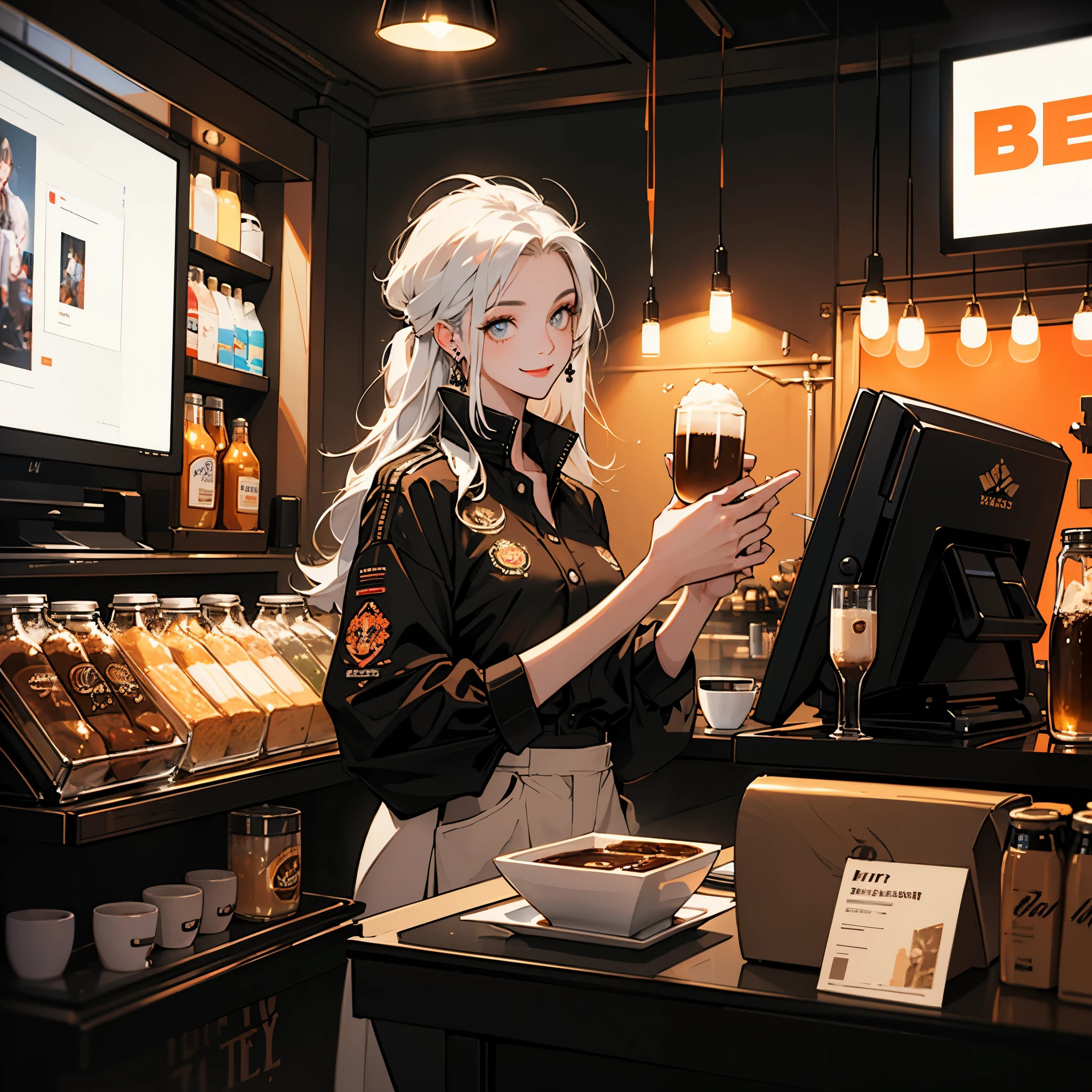 Best quality，tmasterpiece，Ultra-high resolution fills the picture，Indoor at night，Cafe in the sky,Orange color scheme for the café,There was coffee and beer,Cans，the night,inside in room，Coffee machine,Coffee lockers,Orange neon color scheme,Silver-white hair，Black fashion clothing，Orange and black matching outfits,boxer，Cafe beautiful girl，cyberpunk backgrouns,The background is colorful，Lateral face，Smiling，Various laid-back poses，Perfect makeup，Love eyes，8K quality，cyber punk perssonage，sense of science and technology，Character backlighting，rim-light，Movement changes，Flowing hairstyle，Loose hairstyle,The number of fingers is refined，The most beautiful girl in mankind，Wear a headband，Luminous accessories,Luminous earrings,Wear delicate accessories,Delicate close-up of the face，Realistic image quality，Super light and shadow，Very good figure，Meticulous，Have a cup or coffee on the roof in the evening，Very good figure，Raised sexy,luminous,Cool，Very stylish café,Cafe at night,opulent,Have food,Laugh happily,Hands can be placed in pockets