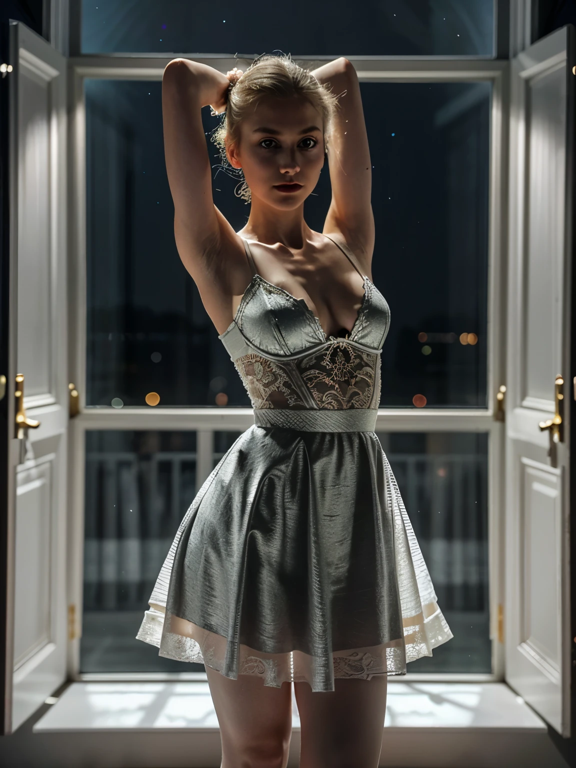Delicate makeup, sexy blonde Russian beauty with ponytail, light eyes, slim body and medium breasts, wearing a beautiful gray lace dress with short skirt and rose designs, dancing ballet, alone in the dark of the night, with the moonlight entering through a large window of the darkroom, illuminated her figure and her angelic face. She is in the center of the great room and the ballet shoes are white and with full body view.