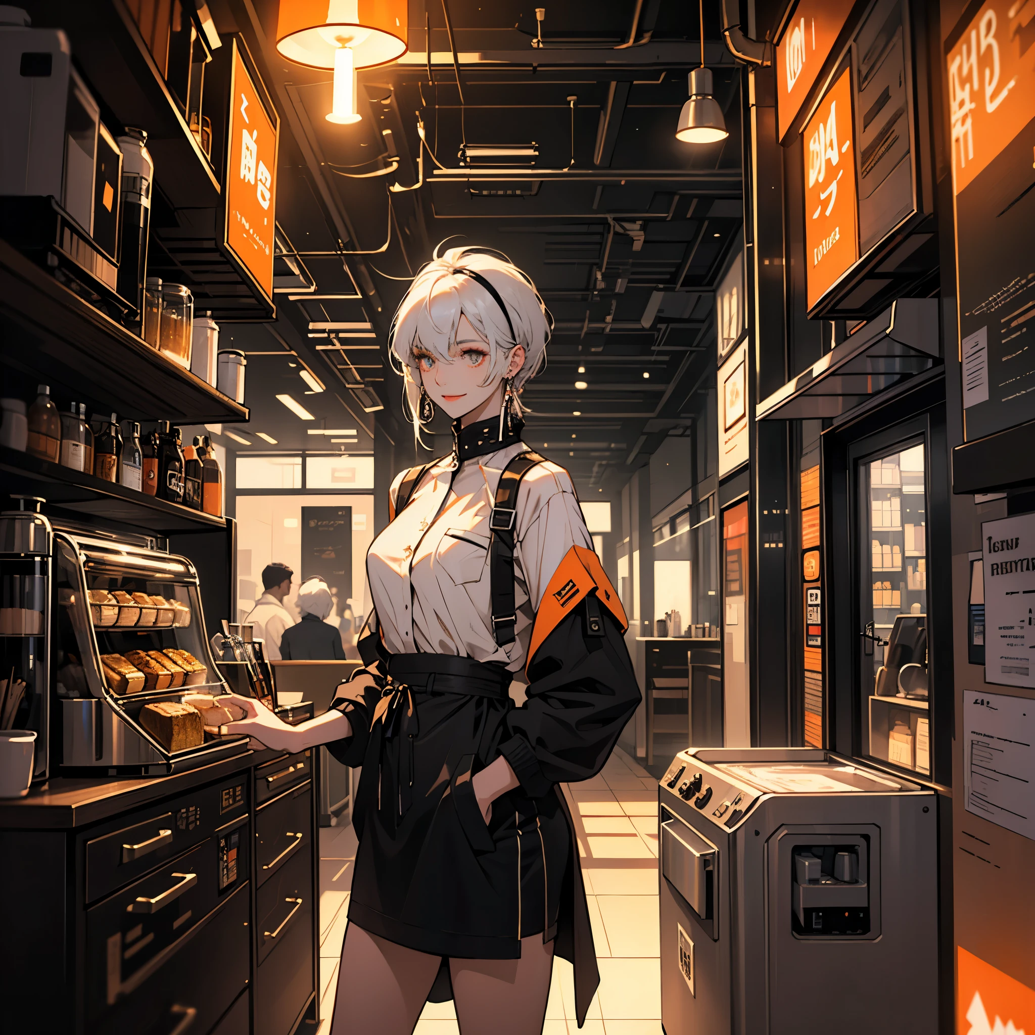 Best quality，tmasterpiece，Ultra-high resolution fills the picture，Indoor at night，Cafe in the sky,Orange color scheme for the café,There was coffee and wine,the night,inside in room，Orange neon color scheme,Silver-white hair，Black fashion clothing，Orange and black matching outfits,boxer，Cafe beautiful girl，cyberpunk backgrouns,The background is colorful，Lateral face，Smiling，Various laid-back poses，Perfect makeup，Love eyes，8K quality，cyber punk perssonage，sense of science and technology，Character backlighting，rim-light，Movement changes，Flowing hairstyle，Loose hairstyle,The number of fingers is refined，The most beautiful girl in mankind，Wear a headband，Wear delicate accessories,Delicate close-up of the face，Realistic image quality，Super light and shadow，Very good figure，Meticulous，Have a drink or coffee on the rooftop in the evening，Very good figure，Raised sexy,luminous,Cool，Very stylish café