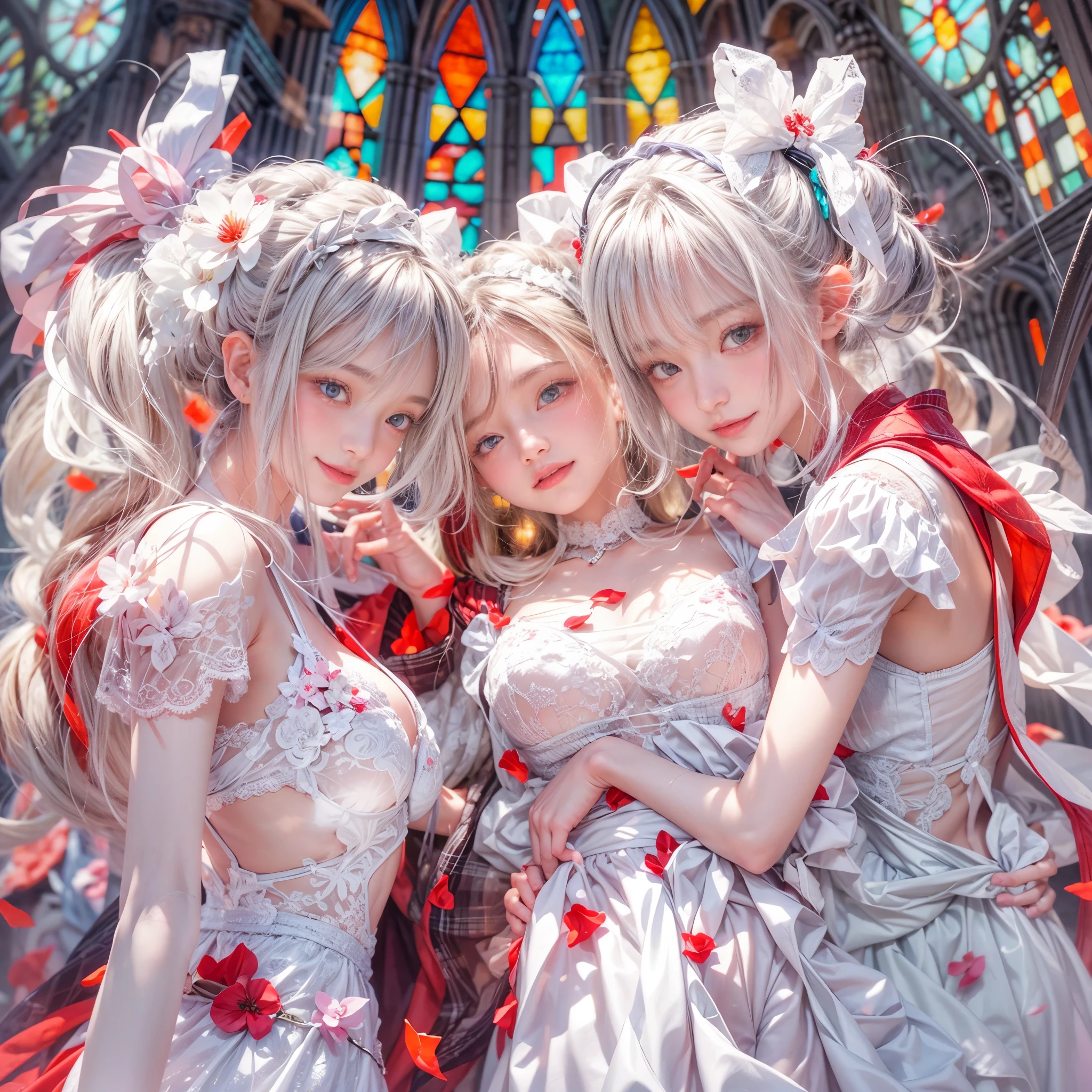 (SFW, White and Red, masterpiece:1.2, Exposed:1.2), (nipple:-0.9), (Acutance:0.8), (many sexy junior idols in group photograph), ((Extremely Detailed KAWAII face variations, joyful expression variations)), { Navel | pretty Ass | Overflowing sideboob | (Delicate lace knitted white wear) | full of Flowers covering girl's body | (Colorful Light shines from Dazzling and delicate stained glass:1.2) }. ( ultra-detailed, realistic, (photorealistic:1.37) with a touch of rawness). { under the mesmerizing back lighting | concept art | enhancing the overall visual impact }. (not Detailed fingers:-0.9) .