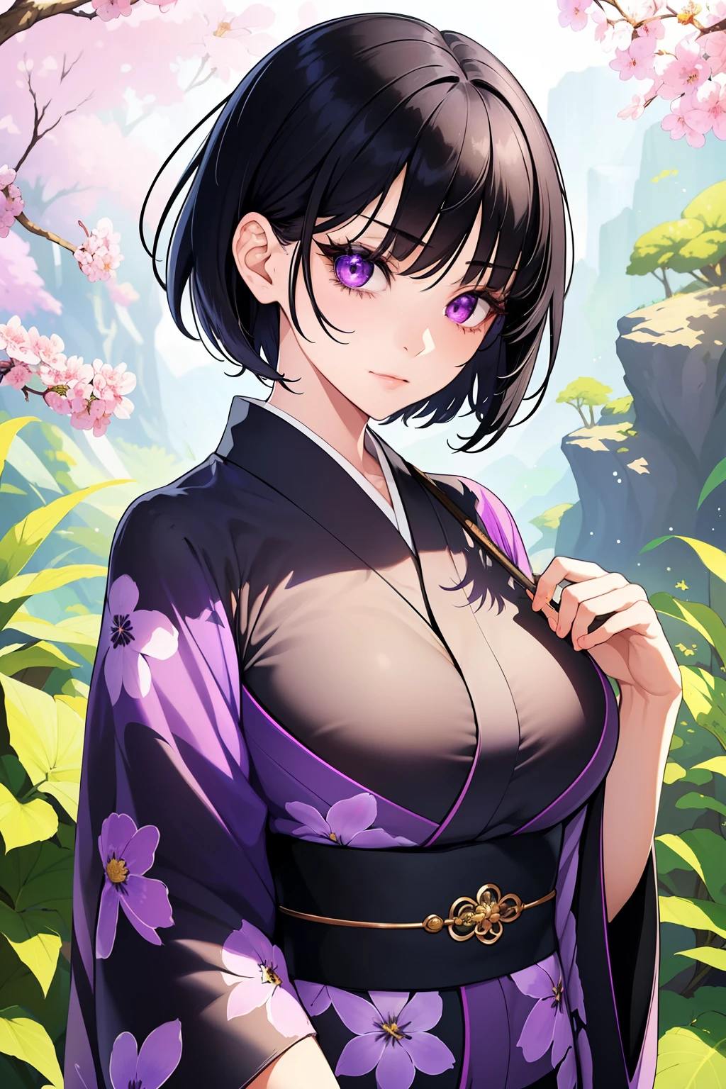 1 girl, alone, upper body,
black hair, short hair,
purple eyes, Long eyelashes, thick eyelashes, look at viewer,
Stationary face,
kimono shirt,
Beautiful background, Fantasy Background, It is in a quiet area under the shade., Design images with a fisheye lens effect..