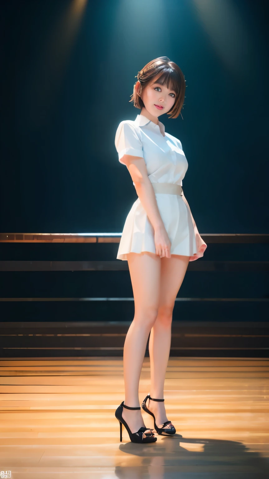 mix 4, The 20th, 一人in, short_hair, shirt, expensive_heels,full_body, look_in_viewer, (8K, Raw photo, highest quality, masterpiece:1.2), (realistic, photorealistic:1.37), professional lighting, photon mapping, radio city,Physically based rendering、body操服(white shirt with lines on the cuffs)と赤色のwear bloomers、wear bloomers、Bloomers thin fit into your crotch、sneaky smile、japanese woman、detailed costume、beautiful face、double eyelid、full body portrait、