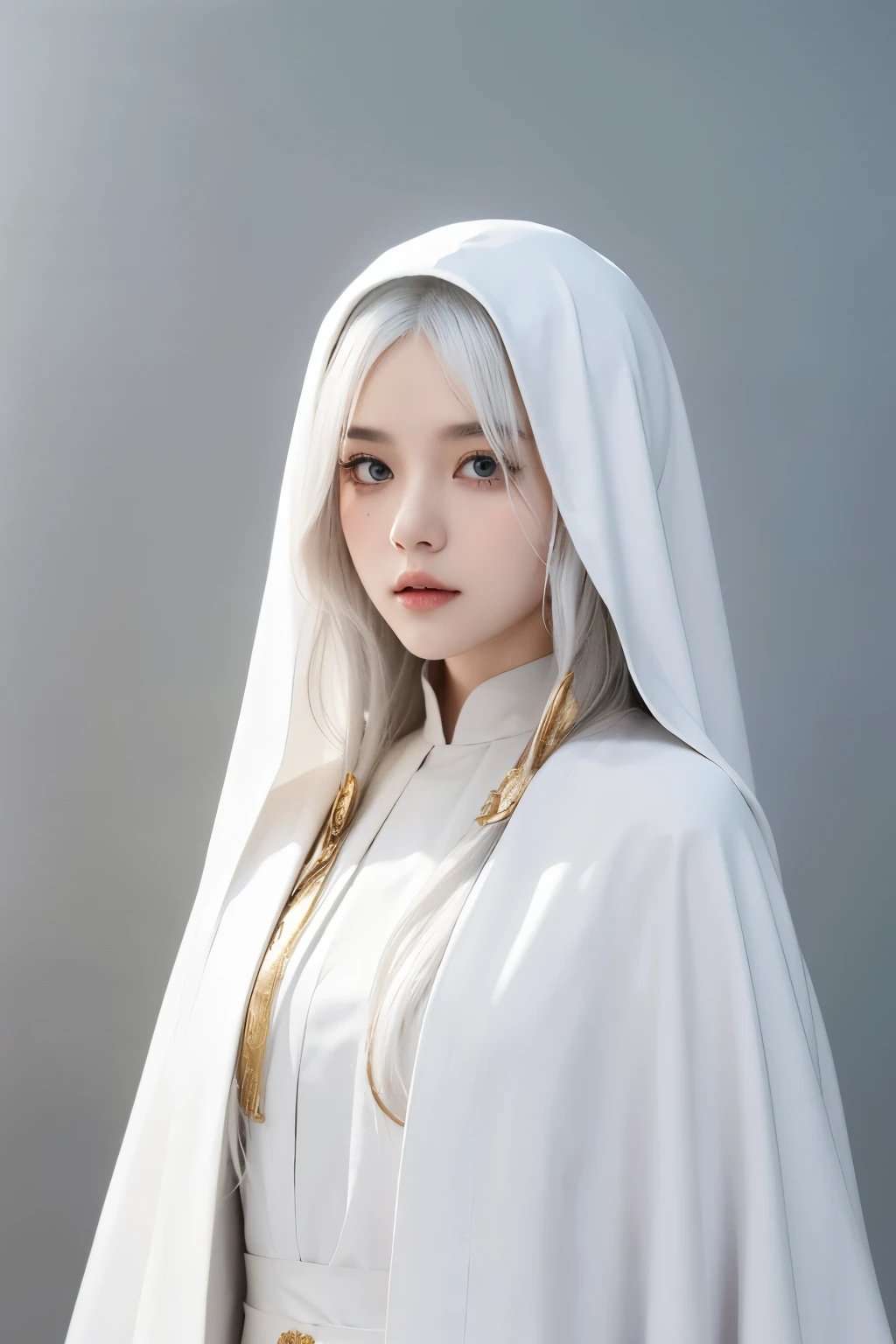 nun with white hair color, little wavy and long.  smoky pupil. wear cloak and dress with white color, gold combination. 