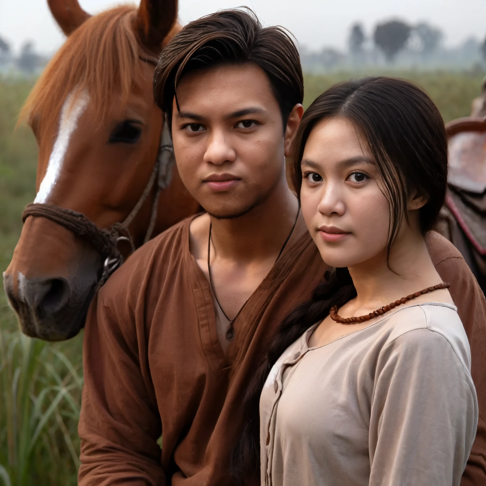 a man from indonesia, 25 years old, face clean-shaven and no beard or moustache, face chubby, short hair, use brown shirt with long sleeves, undercut hair style.
With a women 25 years old, face chubby, use white shirt with long sleeves, long hair.
They stand in the meadow with a horse.
(Masterpiece), ((high quality, realistic photo)),