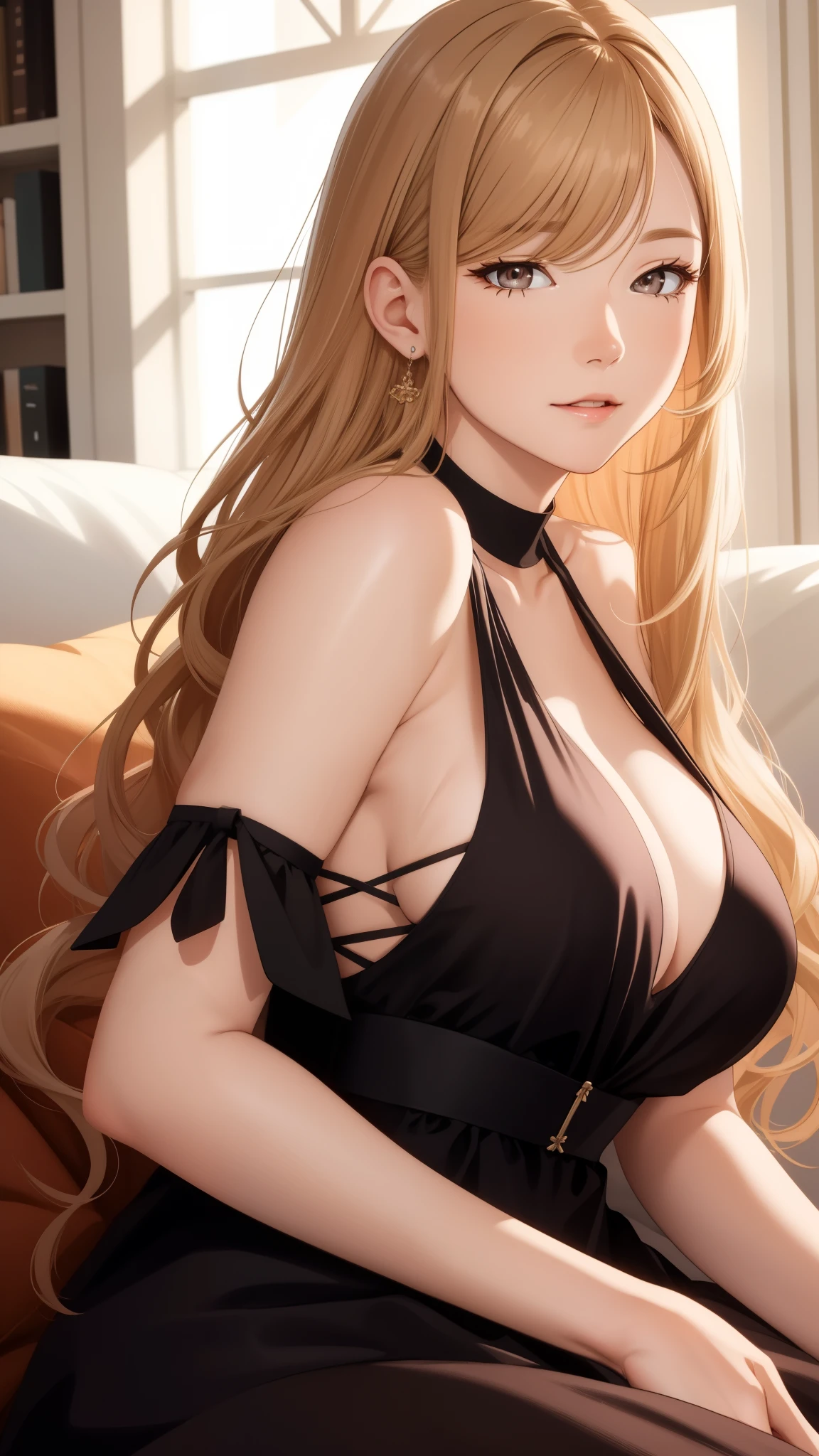 (best quality, highres), portrait, older sister type adult woman, refined, long hair, swept-side bangs, [[[brown hair]]], blonde hair, brown eyes, living room scene, dress, sideboob, ultra-detailed face, soft light