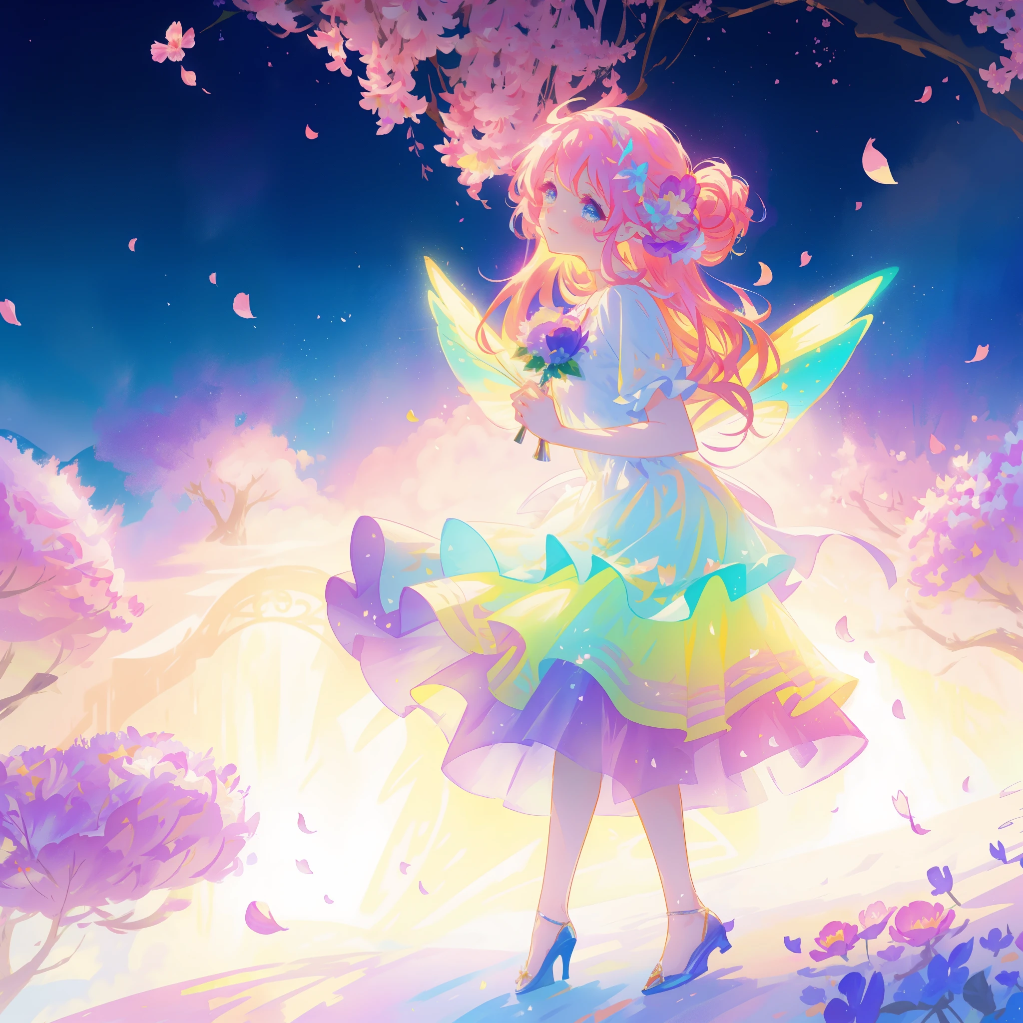 beautiful girl in tiered gradient ballgown dress, gradient colorful dress, ((layered flower petal skirt)), fairy dress, fairy queen, magical fantasia background, (glowing fairy wings), glowing flowing ballgown, long wavy hair, sparkling fairy wings, watercolor illustration, inspired by Glen Keane, inspired by Lois van Baarle, disney art style, jen bartel, beautiful digital illustration, beautiful, masterpiece, best quality, anime disney style