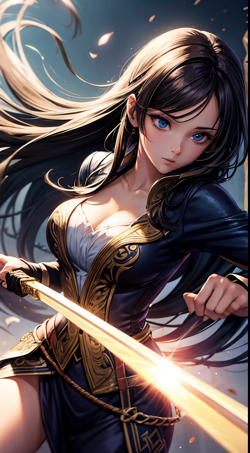 beautiful woman, 30 years old, swordsman, 2d background with light effects