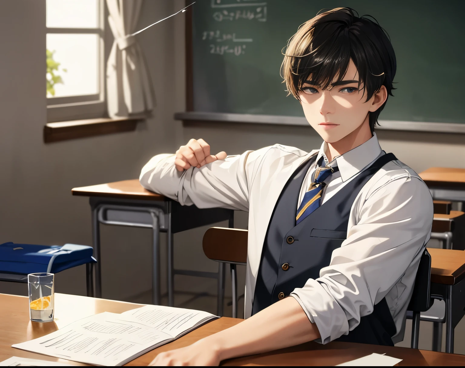 (best quality, Masterpiece), HDR, Handsome high school boy, Sitting in the classroom, Power x, Masturbate yourself until semen squirts.