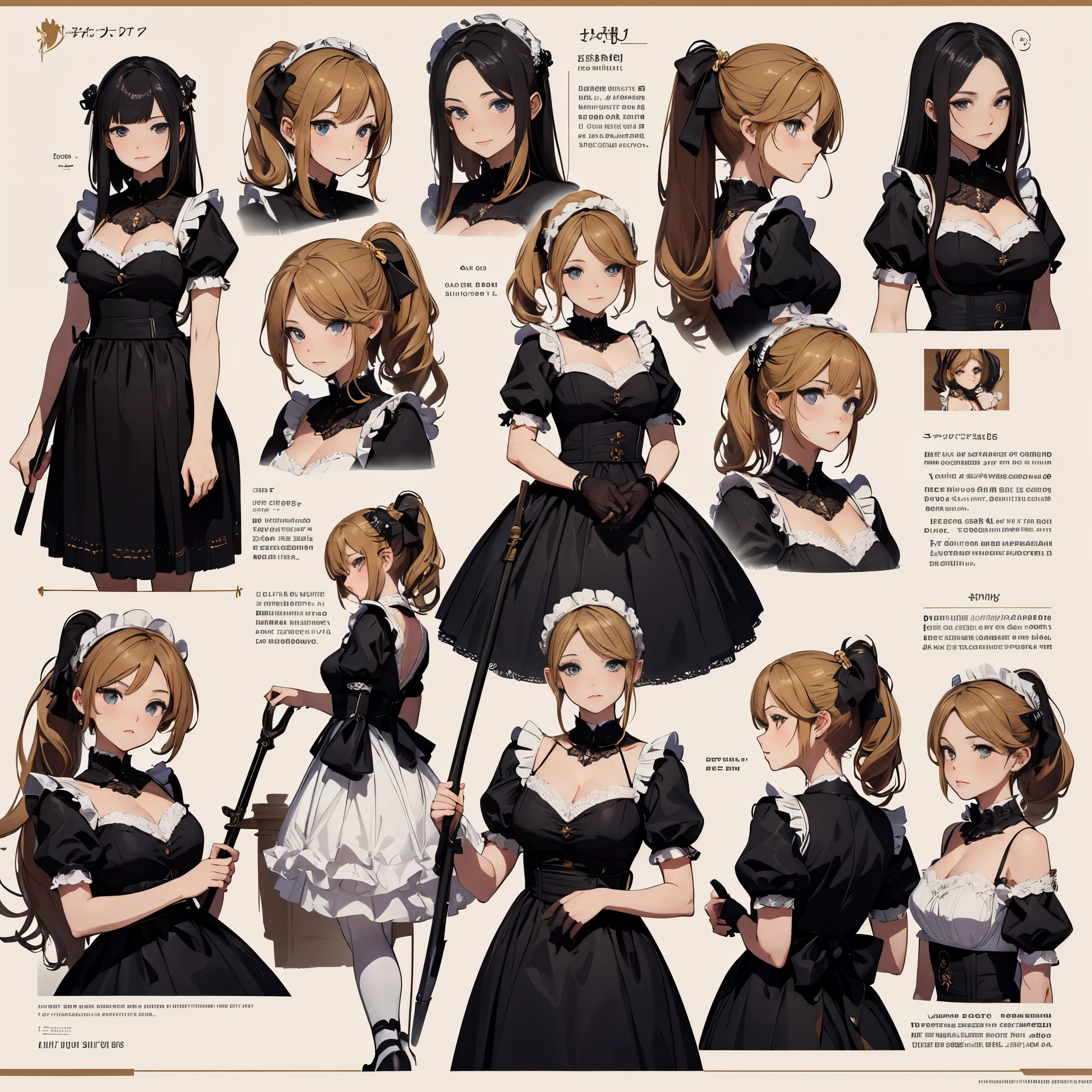 ((Masterpiece, Highest quality)), Detailed face, CharacterDesignSheet, full bodyesbian, Full of details, Multiple poses and expressions, Highly detailed, Depth, Many parts,Beautiful Maid,holding a scythe,shinigami,golden colored,double-ponytail,estilo fantasia,Extremely beautiful,High Balance, Natural light, Lace,lacepantyhose,Sunny décor,Star decoration