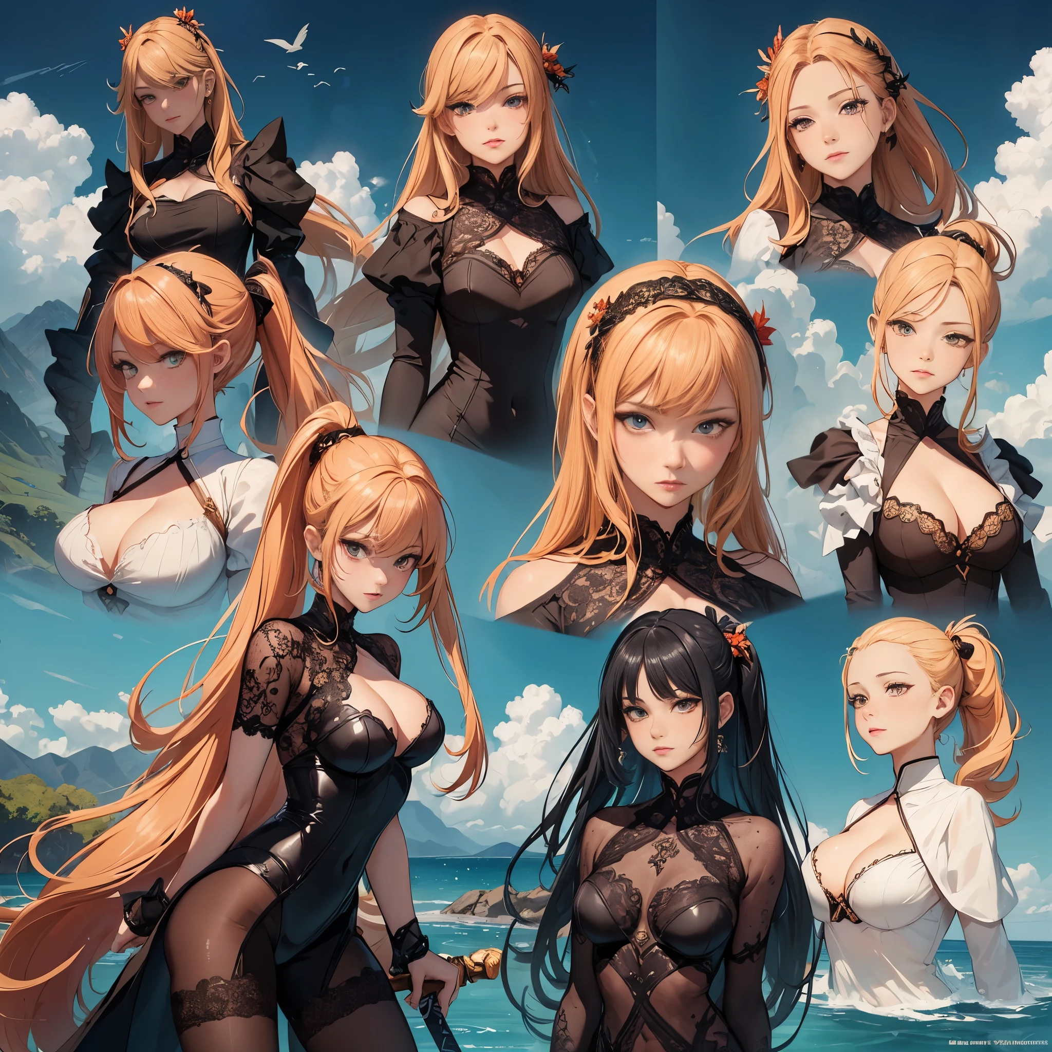 ((Masterpiece, Highest quality)), Detailed face, CharacterDesignSheet, full bodyesbian, Full of details, Multiple poses and expressions, Highly detailed, Depth, Many parts,faeries,swordsmen,double-ponytail,estilo fantasia,Orange caramel,Extremely beautiful,High Balance, Natural light, Lace,lacepantyhose,Clouds surround,The water is rippling