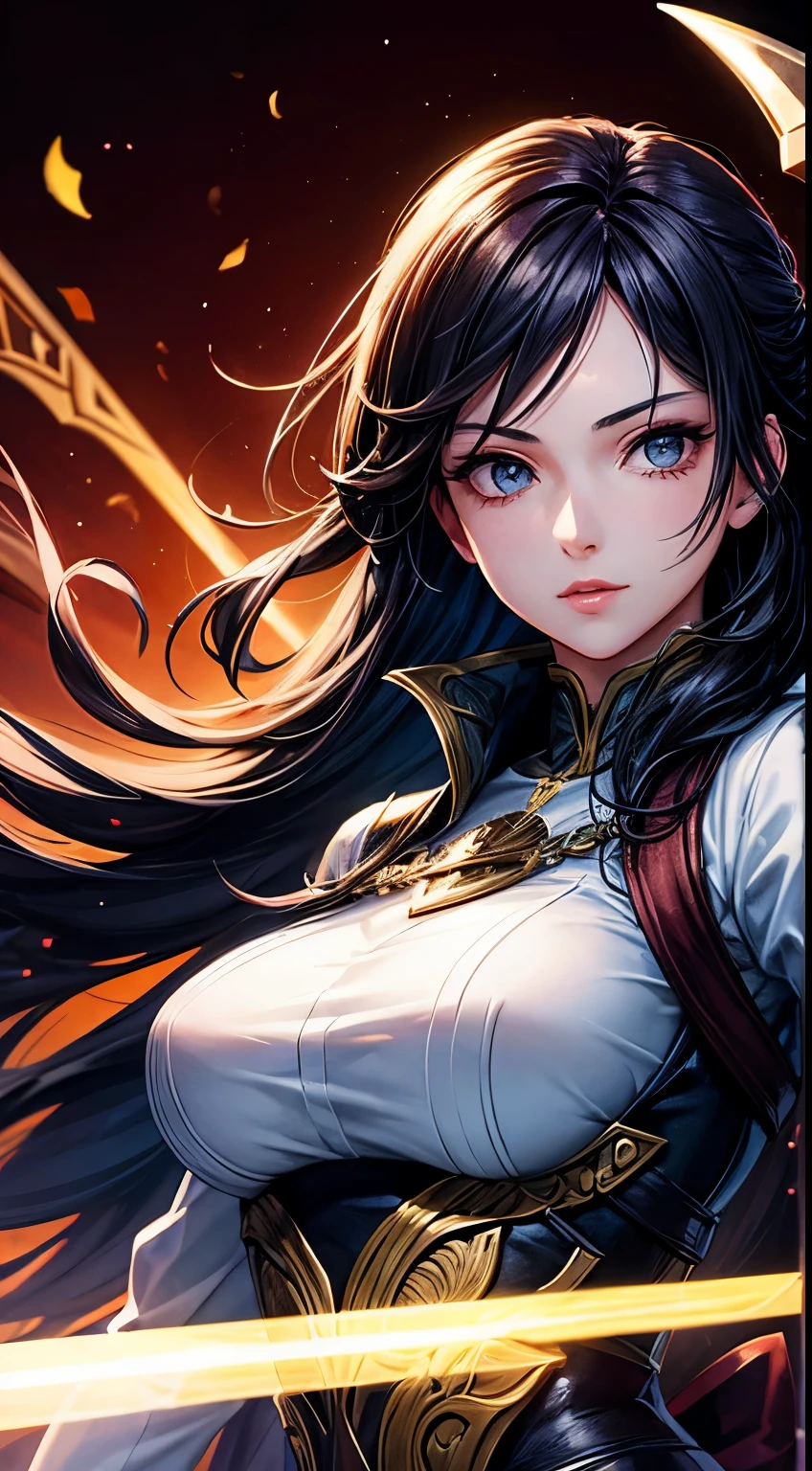 beautiful woman, 30 years old, swordsman, 2d background with light effects