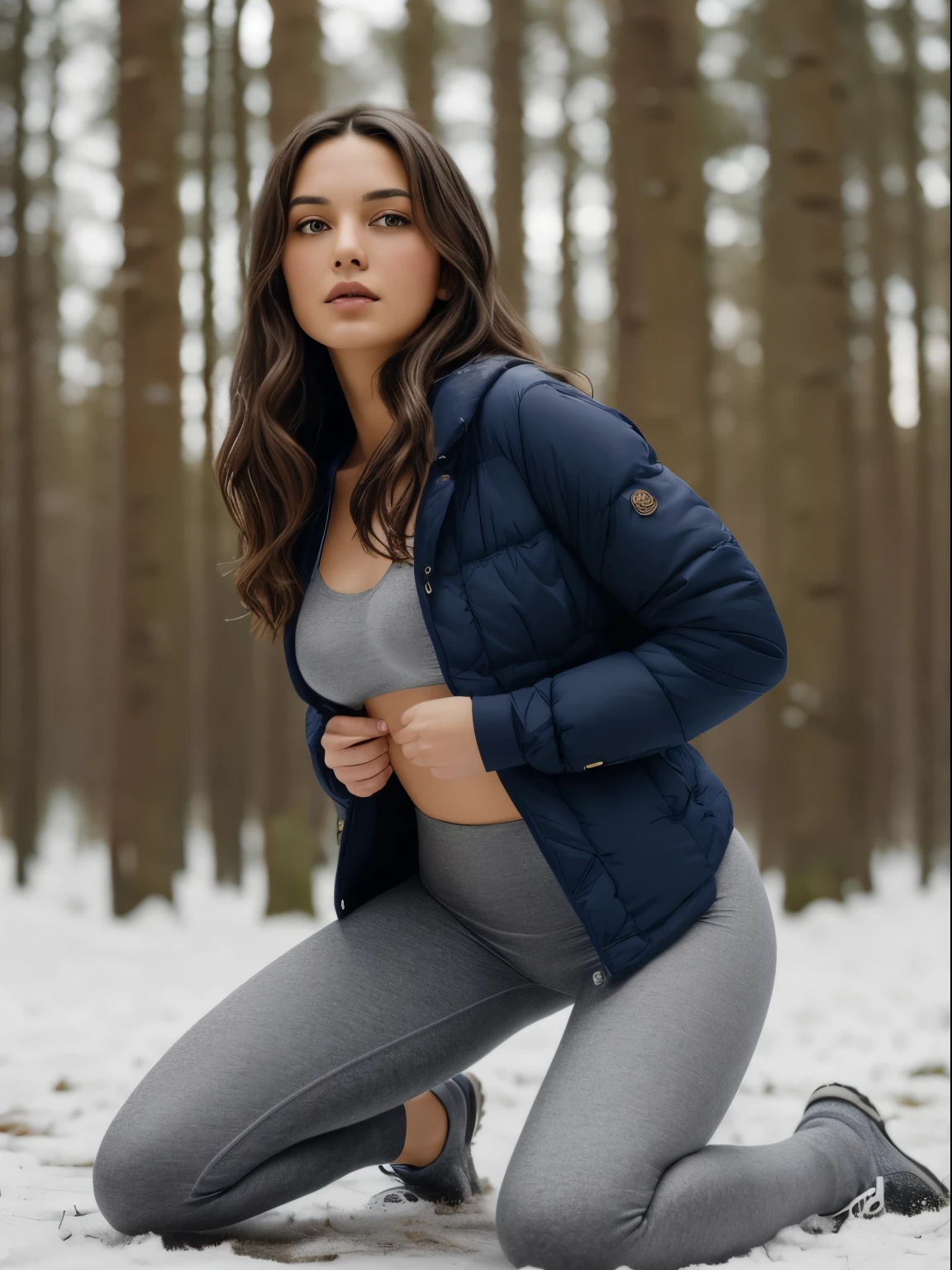 (1girl in, age24, Solo, Aesthetic artwork, hispanic brunette, wavy brown hair, waist length brown hair, light grey eyes, pale skin, A-cup, small breasts, runners body, (textured skin, skin pores:1.1), (moles:0.8), imperfect skin, goosebumps, wearing dark gray jacket, wearing navy blue leggings, trees, early winter, no snow, blury background, (action shot, kneeling, 1.25), (extremely detailed 8k wallpaper), (hard lighting), high quality, film grain, Fujifilm XT3 sharp focus, f 5.6, 50mm, High Detail, Sharp focus, (natural light), crazy details, complex details, hyperdetailed