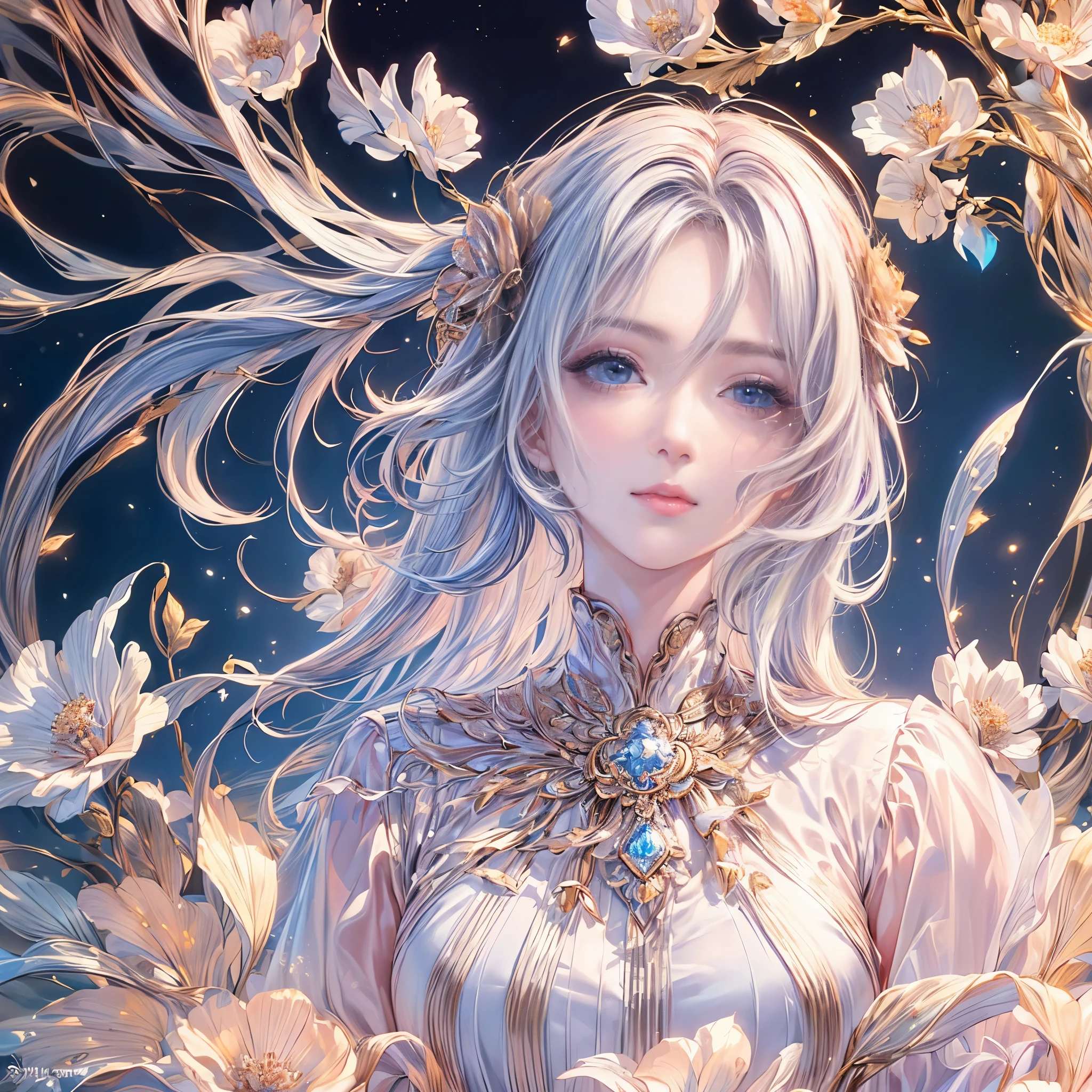 (best quality,8K,CG,beautiful,detailed upper body,lonely,thumb girl,taffeta court dress,flower background,detailed facial features,long flowing hair,almond-shaped eyes,intricate eye makeup,fluttering long eyelashes,blinking big eyes and starry gaze,exquisite lip details,soft and harmonious style)