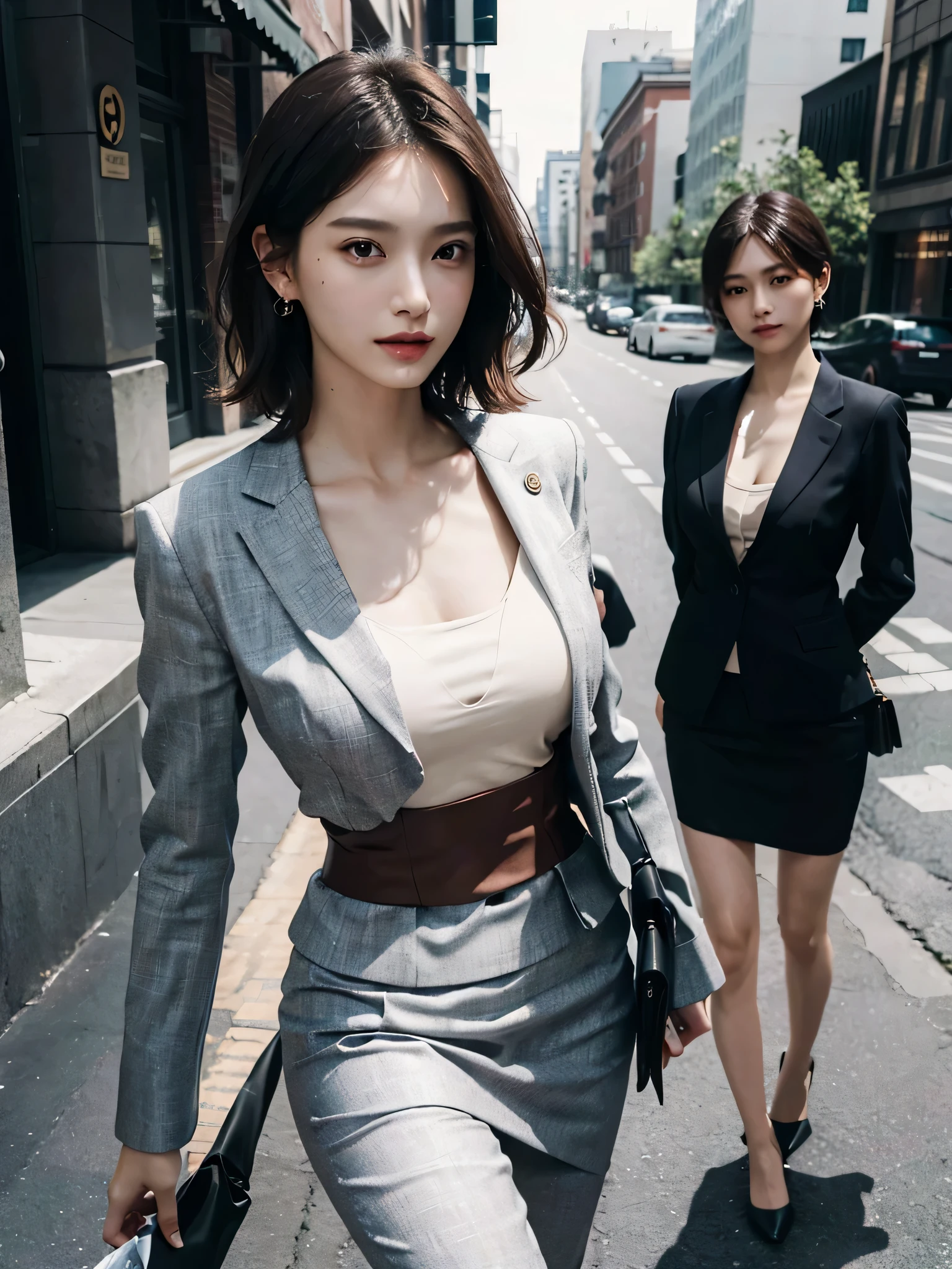 disorganized, RAW photo, very delicate and beautiful, masterpiece, highest quality, ultra high resolution, 16k, surreal, super detailed, perfect anatomy, super dense skin, perfect figure, Highly detailed CG 8k wallpaper, 20's, very slim body, (tight waist:1.2), very small head, very small face, delicate features, tearful mole, earrings, thin legs, (very huge round breasts:1.2), short hair, wavy hair, (barefoot:1.1), (suit:1.5), (camisole:1.1), skirt, outdoor,
