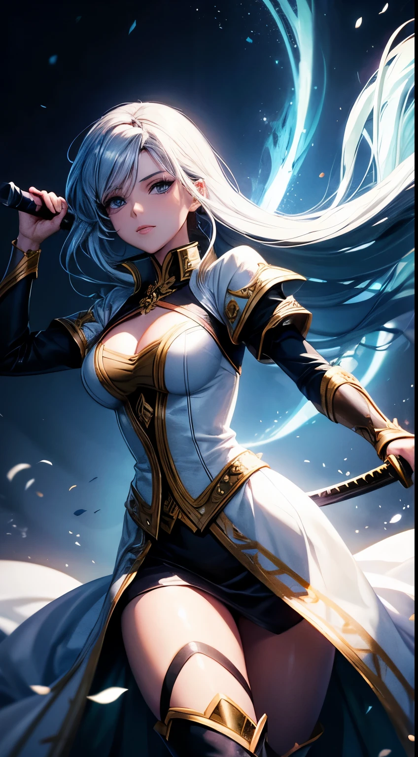 beautiful woman, 30 years old, swordsman, 2d background with light effects