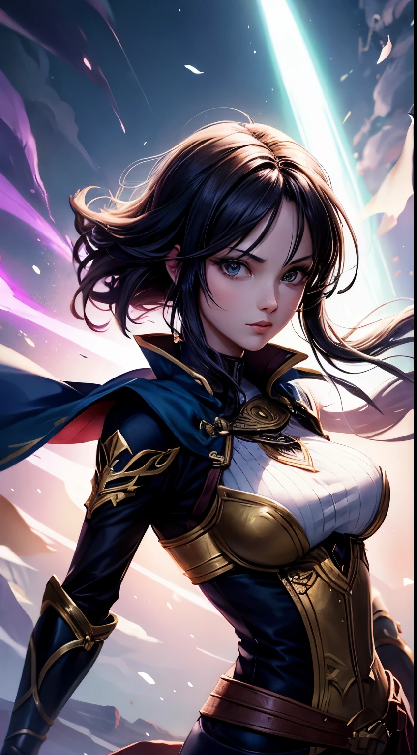 beautiful woman, 30 years old, swordsman, 2d background with light effects