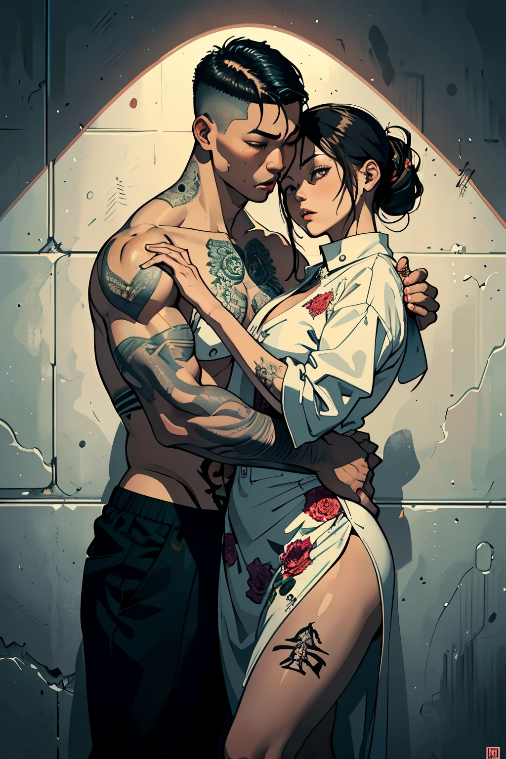 top-quality masterpiece of a California department of corrections tattooed Asian male inmate, deeply embracing a woman during a prison visit – a heartwarming and lovely illustration.
(Sufficiently detailed and intricately tattooed Asian male, prison uniform, muscular build), (Expressive emotions: 1.5), (Highly realistic and chromatically accurate), (exquisite shading, and precise lines), (Woman wearing a floral sundress and holding roses), (Sensitively drawn facial features and body language), (Realistic portrayal of the prison setting), (Naturalistic colors and textures), (Intense and emotive lighting), (Masterpiece