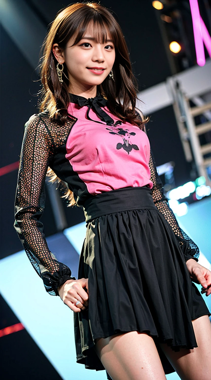 masterpiece, great work, whole body, 1 girl,  mini skirt, blush, bracelet, beautiful breasts, , gradient hair, long hair, looking at the audience, loose earrings, checked skirt, red eyes, ring, smile, alone,  fashion, woman, vitality,  take a pose, front, colorful,concentrated、whole body画像(1:5）、thin legs、Are standing、put your hands on your hips、idol costume、boots、whole body画像、Chest emphasis、pink costume、stand with legs apart