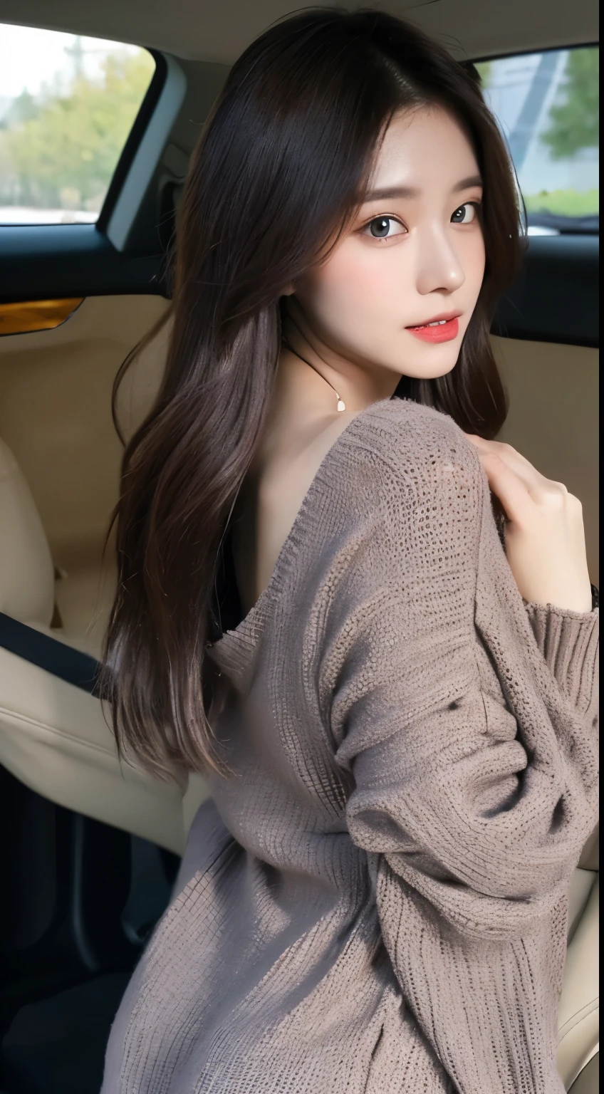 Don't look back、Don't look here、Beauty from behind、back view、car is jeep、Wearing stylish winter clothes、highest quality, figure, super detailed, finely, High resolution, 8k wallpaper, 完璧なダイナミックな構figure, beautiful and fine eyes, dress,medium hair, middle of chest, natural color lip, random sexy poses,