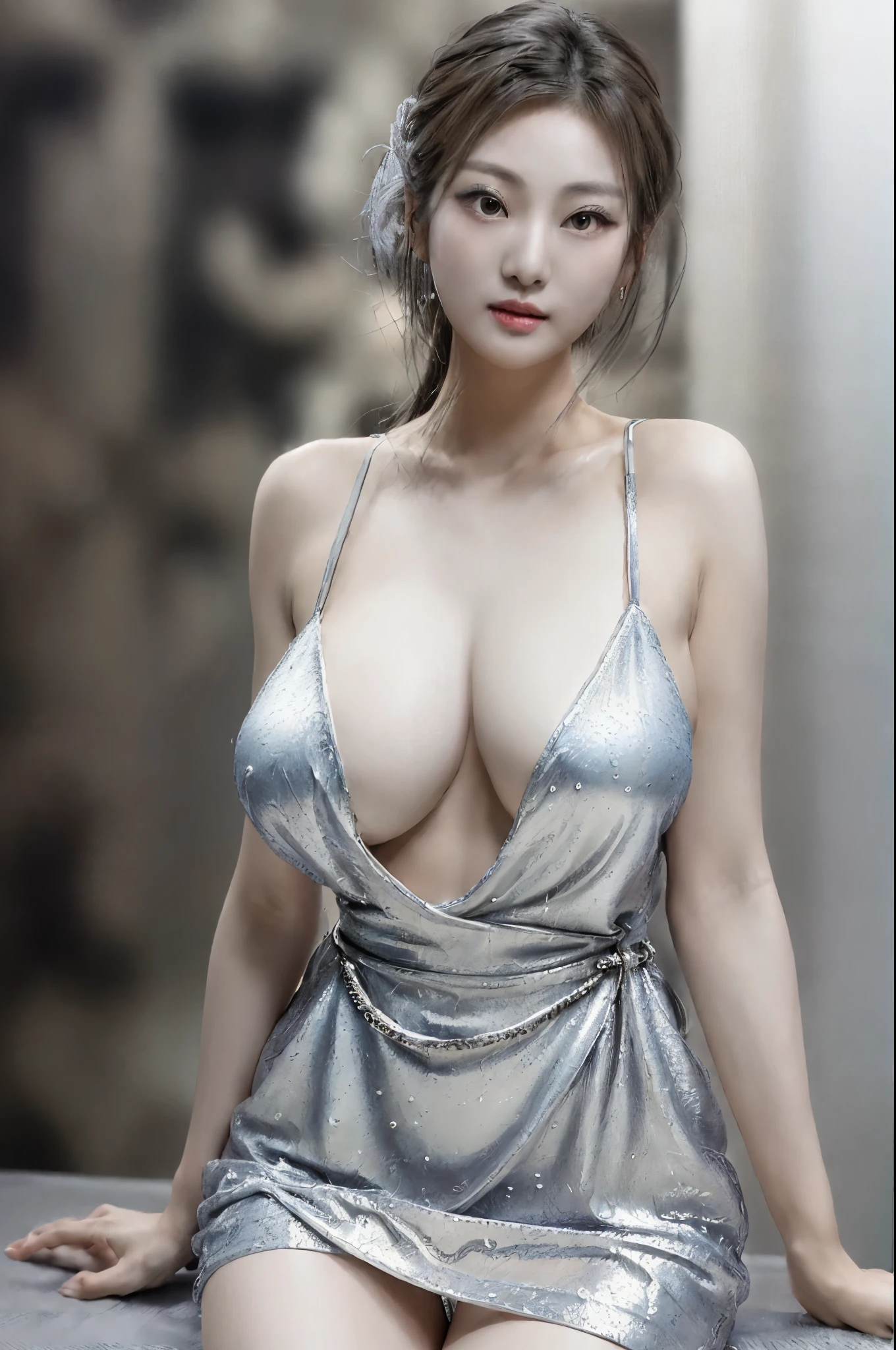 (masterpiece:1.3), (High resolution:1.1), Detailed beautiful face, Detailed beautiful, (huge breasts, gigantic breasts:1.4 araffe asian woman in a silver dress posing for a picture, sexy dress, gorgeous chinese model, wearing silver dress, sexy gown, japanese goddess, low cut dress, cleavage, opened dress, open v chest clothes, shiny silver, beautiful asian girl, sexy girl, japanese model, beautiful asian woman, transparent gray dress, photorealistic perfect body, korean girl, Korean sexy