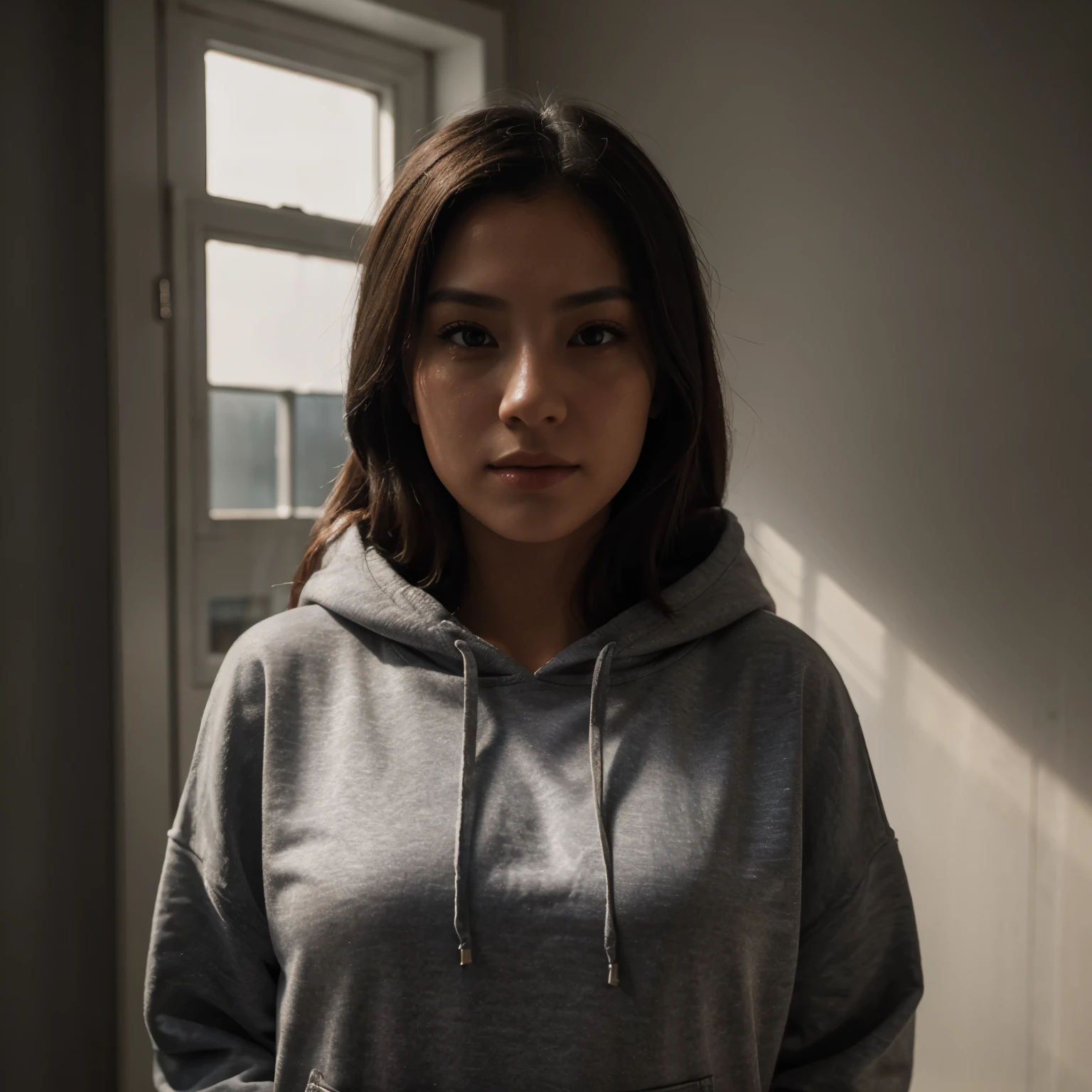 Best quality, masterpiece, (photorealistic:1.4), 1 girl, slight smile, gray hoodie with Jisu lettering on the chest, dramatic lighting, from below
