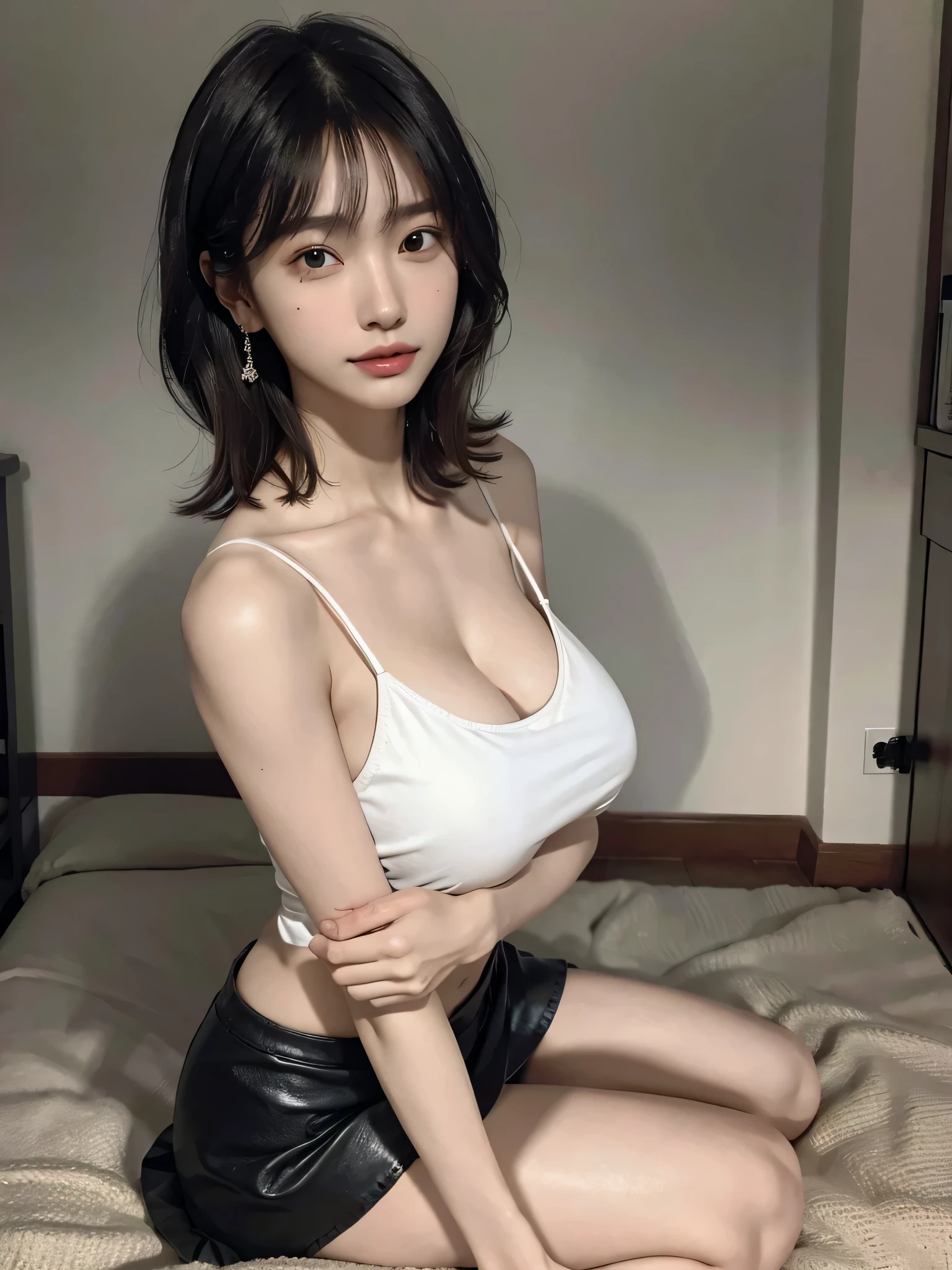 disorganized, RAW photo, very delicate and beautiful, masterpiece, highest quality, ultra high resolution, 16k, surreal, super detailed, perfect anatomy, super dense skin, perfect figure, Highly detailed CG 8k wallpaper, 20's, very slim body, (tight waist:1.2), very small head, very small face, delicate features, tearful mole, earrings, thin legs, (very huge round breasts:1.3), (full body shot:1.1), short hair, wavy hair, (camisole:1.2), BREAK short leather skirt, (blazer:1.1),