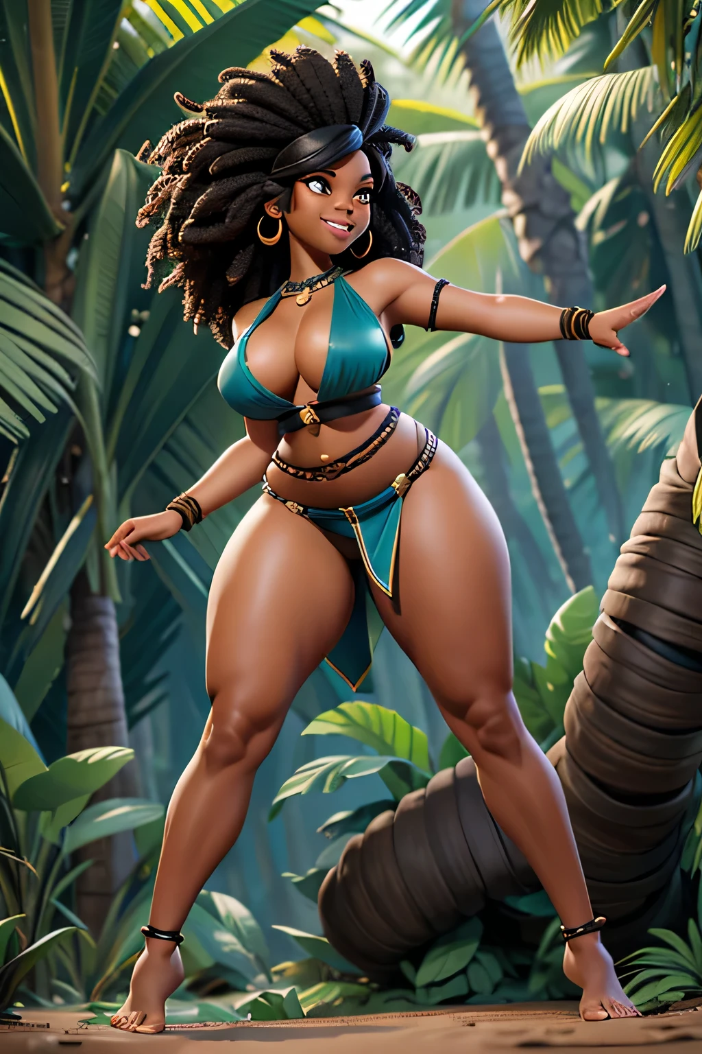 HD, dark skinned, young female, age 25, humanoid, honey, black afro hair, Jackie Parris, ((((Jackie Parris)))), full body cgsociety, 3 d character art, full character body, detailed full body concept, stylized character, erotica, ((young woman, 1girl, age 25)), ((complex detailed background, jungle, outside)), erotica, full body, sexy, loincloth, barefoot, wide hips, shortstack, jungle, midget, thicc body, thicc, chubby, wide hips, large breasts, amazon, action pose