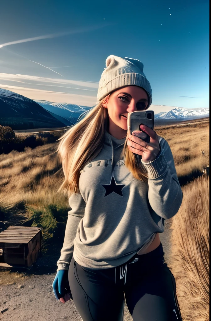 Alexa Bliss((upper body selfie, happy)), masterpiece, best quality, ultra-detailed, solo, outdoors, (night), mountains, nature, (stars, moon) cheerful, happy, backpack, sleeping bag, camping stove, water bottle, mountain boots, gloves, sweater, hat, flashlight, forest, rocks, river, wood, smoke, shadows, contrast, clear sky, analog style (look at viewer:1.2) (skin texture) (film grain:1.3), (warm hue, warm tone) :1.2), close up, cinematic light, sidelighting, ultra high res, best shadow, RAW, upper body, wearing pullover