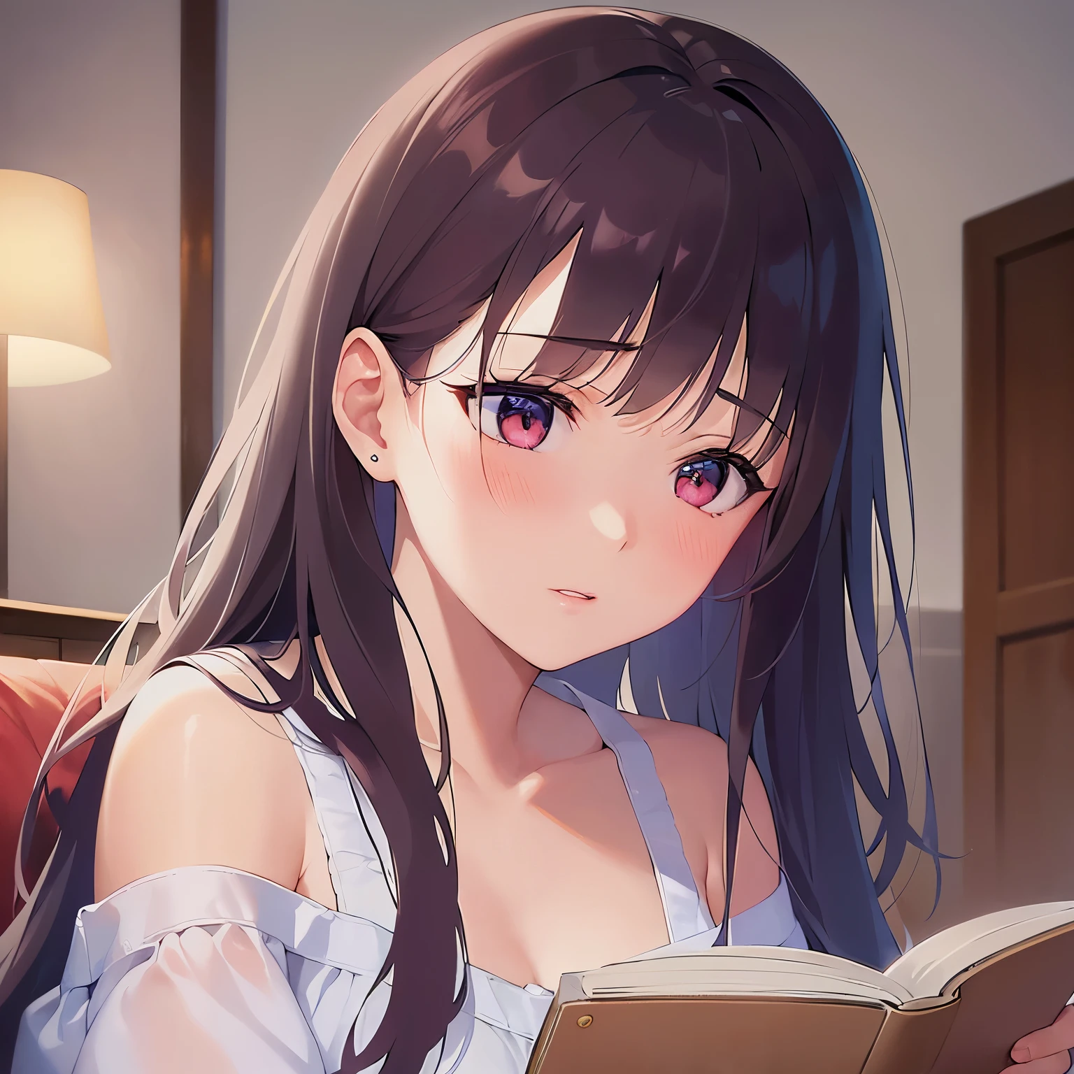 (reading a book:1.2), cinematic angle, (looking away:1.5), real person, RAW photo, photorealistic, portrait photography, shiny skin, japanese idol、A 25-year-old woman with bright chestnut bangs.、(long wavy hair) and (pink eyes), (wearing a white off-shoulder blouse:1.2), face waiting for kiss, blush, The background is the living room、Alone