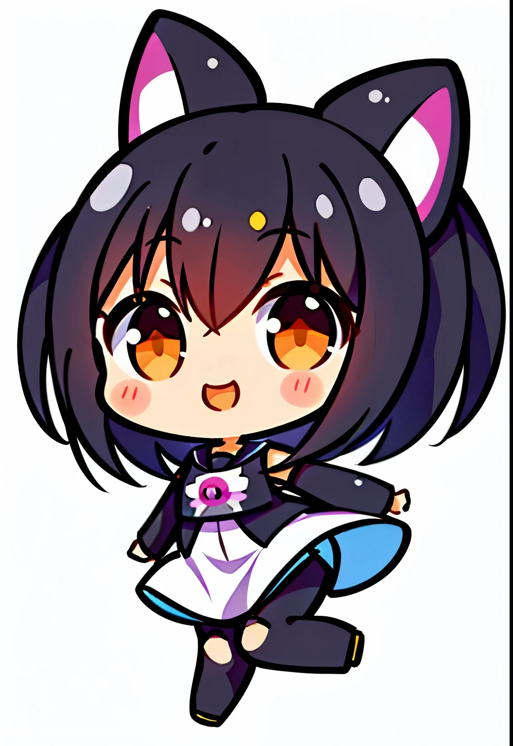 Chibi, full body, (masutepiece, Best Quality:1), 1girl in, Solo, jumping, wearing cat rubber suit, Chibi, White background, long shiny Dark hair, smile